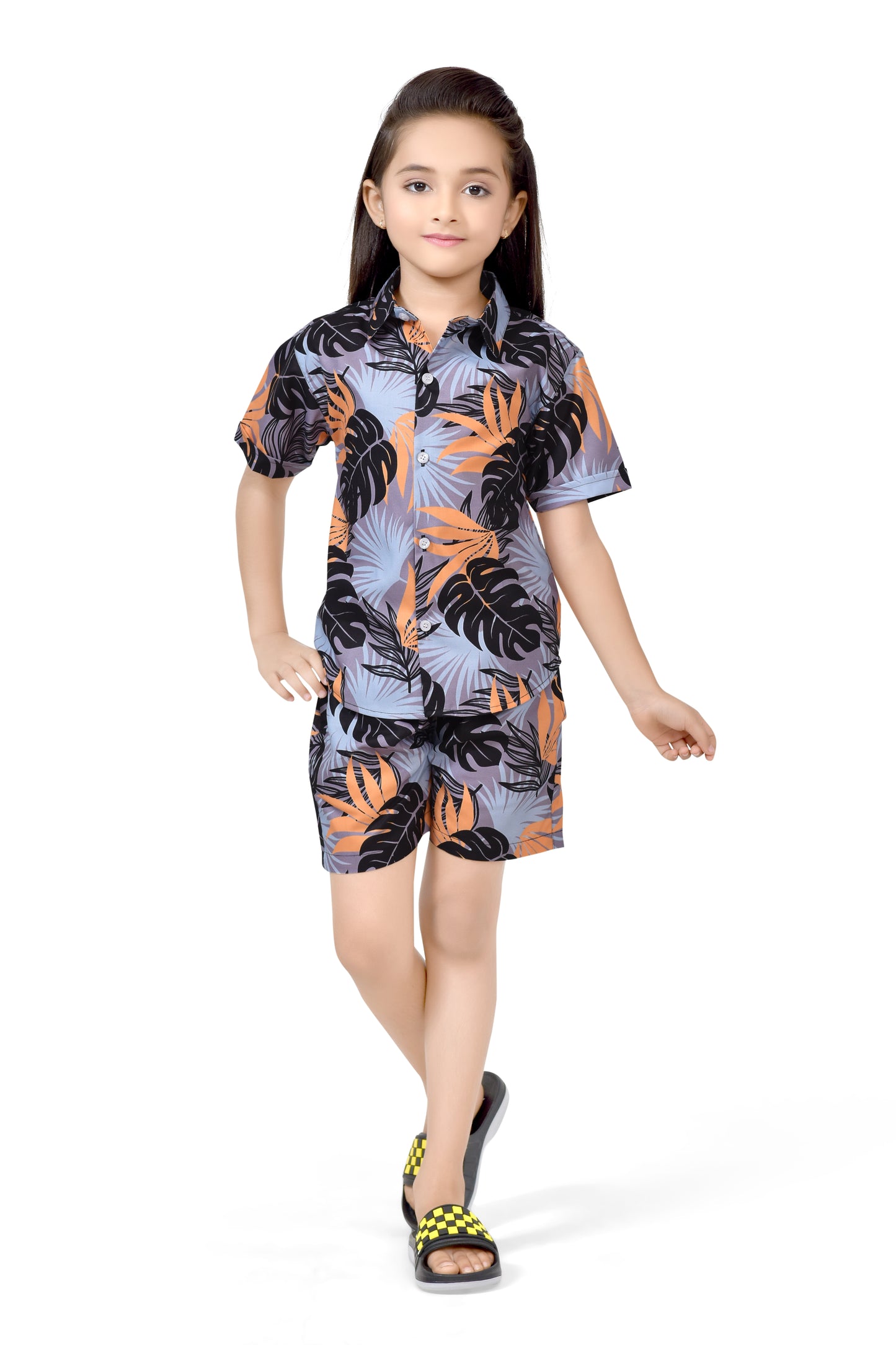 Grey Vacation Tropical Leaf Printed Girls Cotton Co-Ord Set - Club96