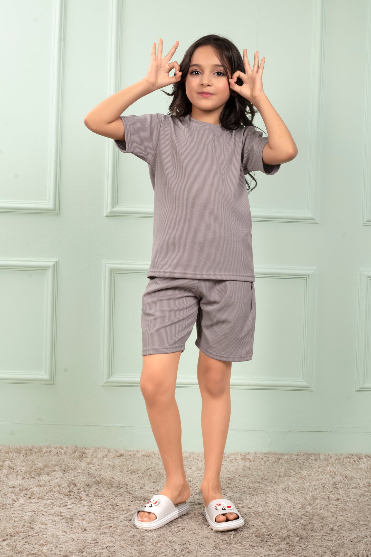 Grey_color_Mario_rib_cotton_cute_Girl_pajama_sets