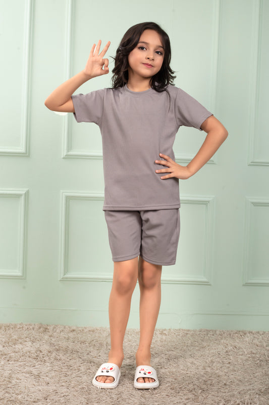 Grey_color_Mario_rib_cotton_cute_Girl_pajama_sets - FrontView