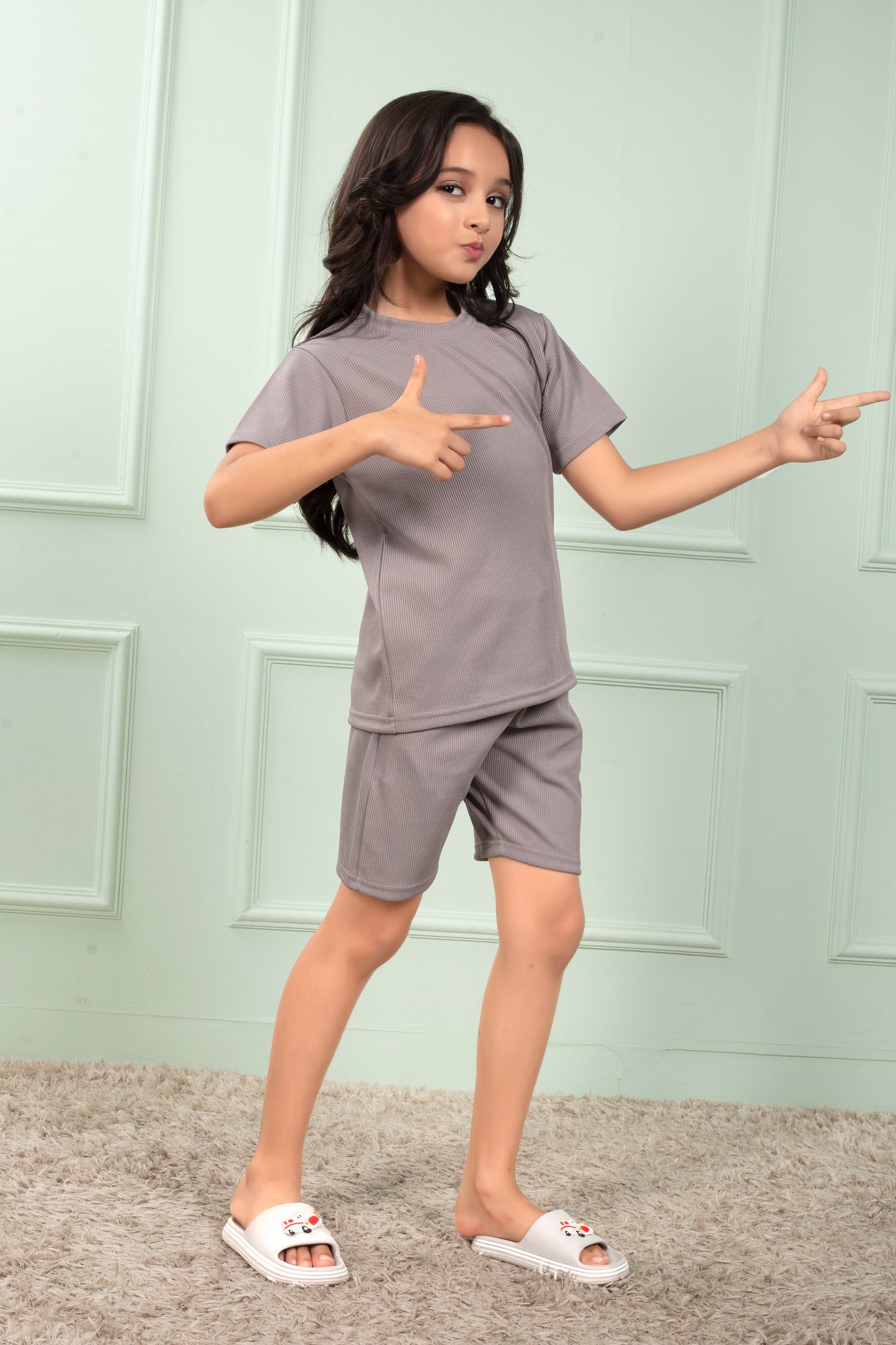 Grey_color_Mario_rib_cotton_cute_Girl_pajama_sets - SideView