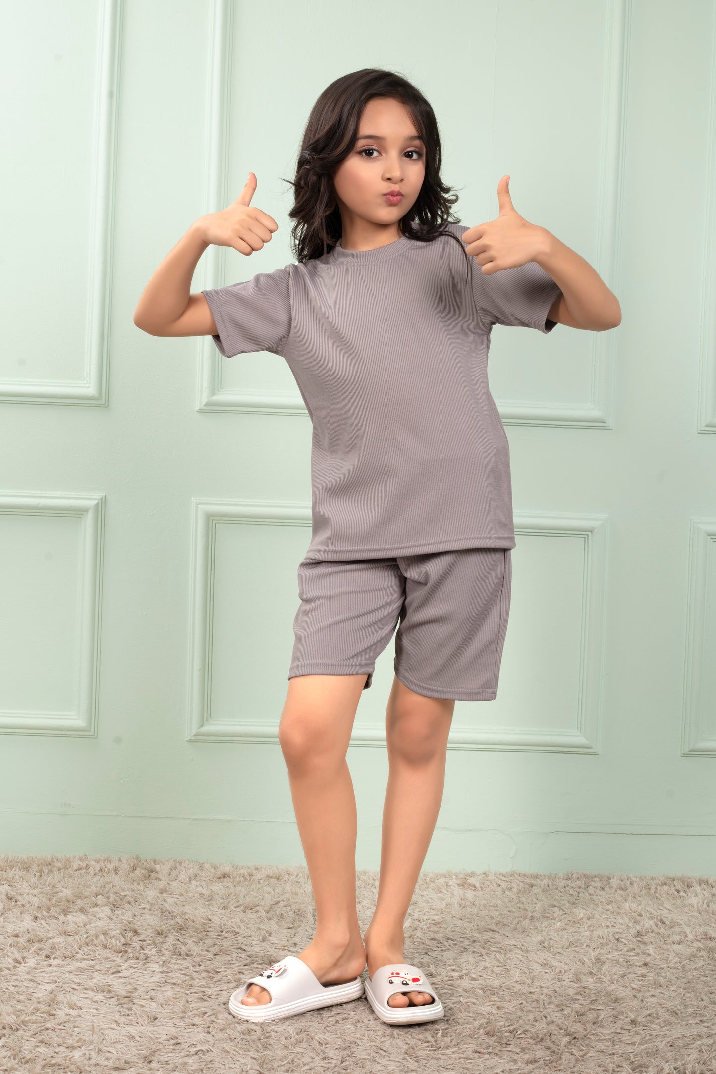 Grey_color_Mario_rib_cotton_cute_Girl_pajama_sets - Club96