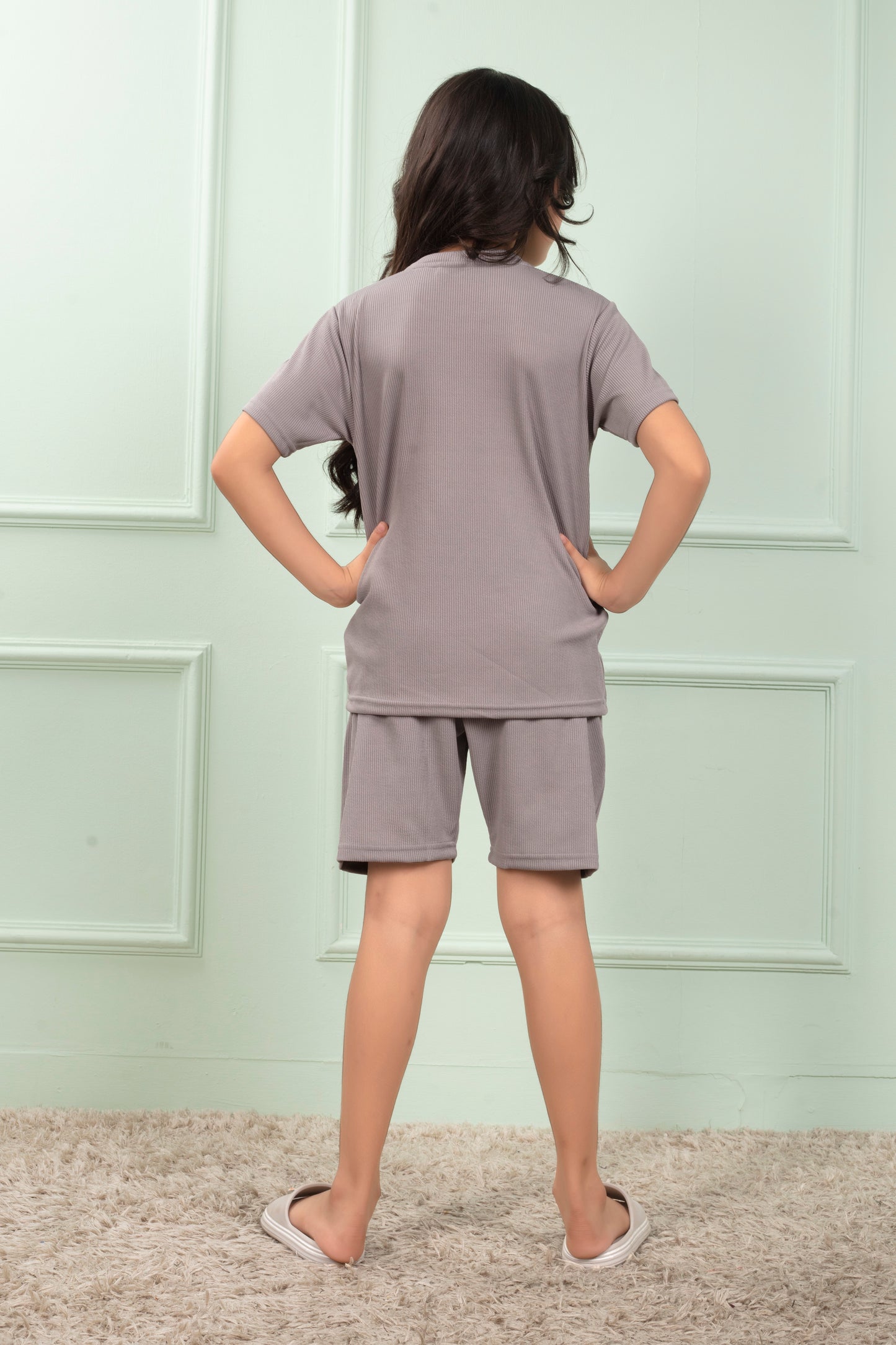 Grey_color_Mario_rib_cotton_cute_Girl_pajama_sets - BackView