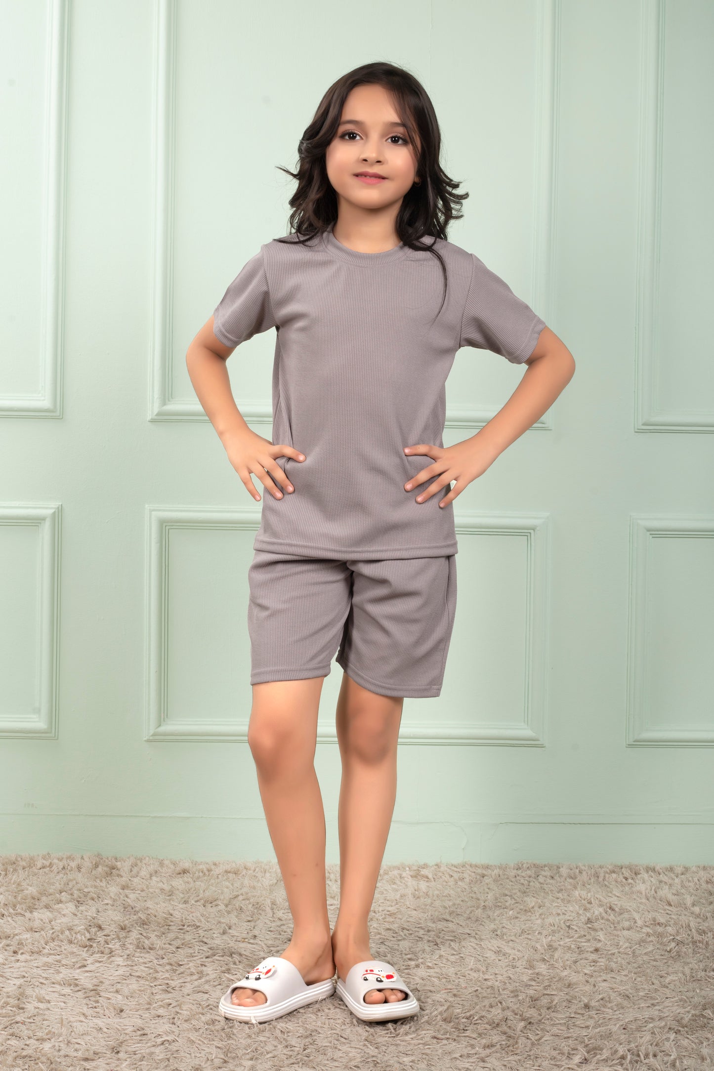 Grey_color_Mario_rib_cotton_cute_Girl_pajama_sets - Stylish