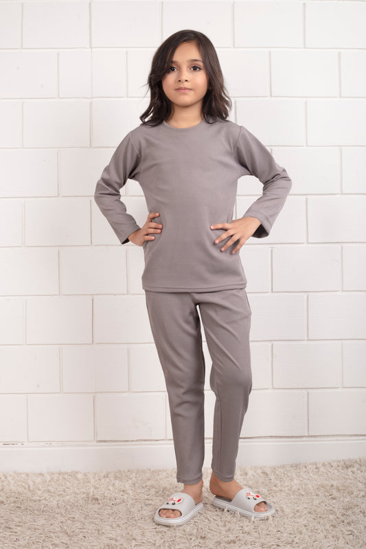Grey_color_Mario_rib_cute_Girl_pajama_sets - Front View