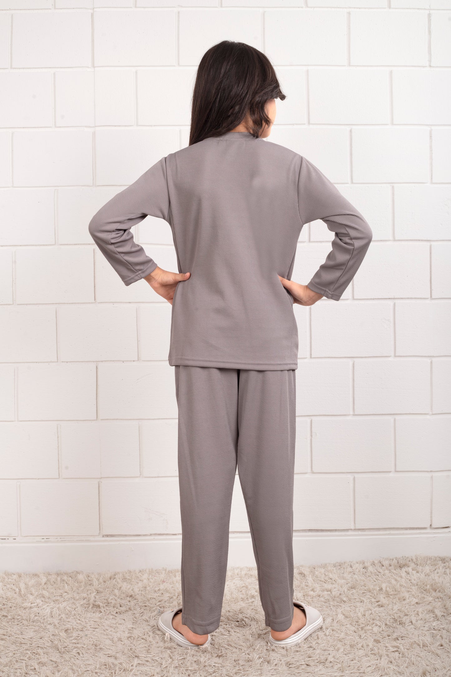 Grey_color_Mario_rib_cute_Girl_pajama_sets - BackView