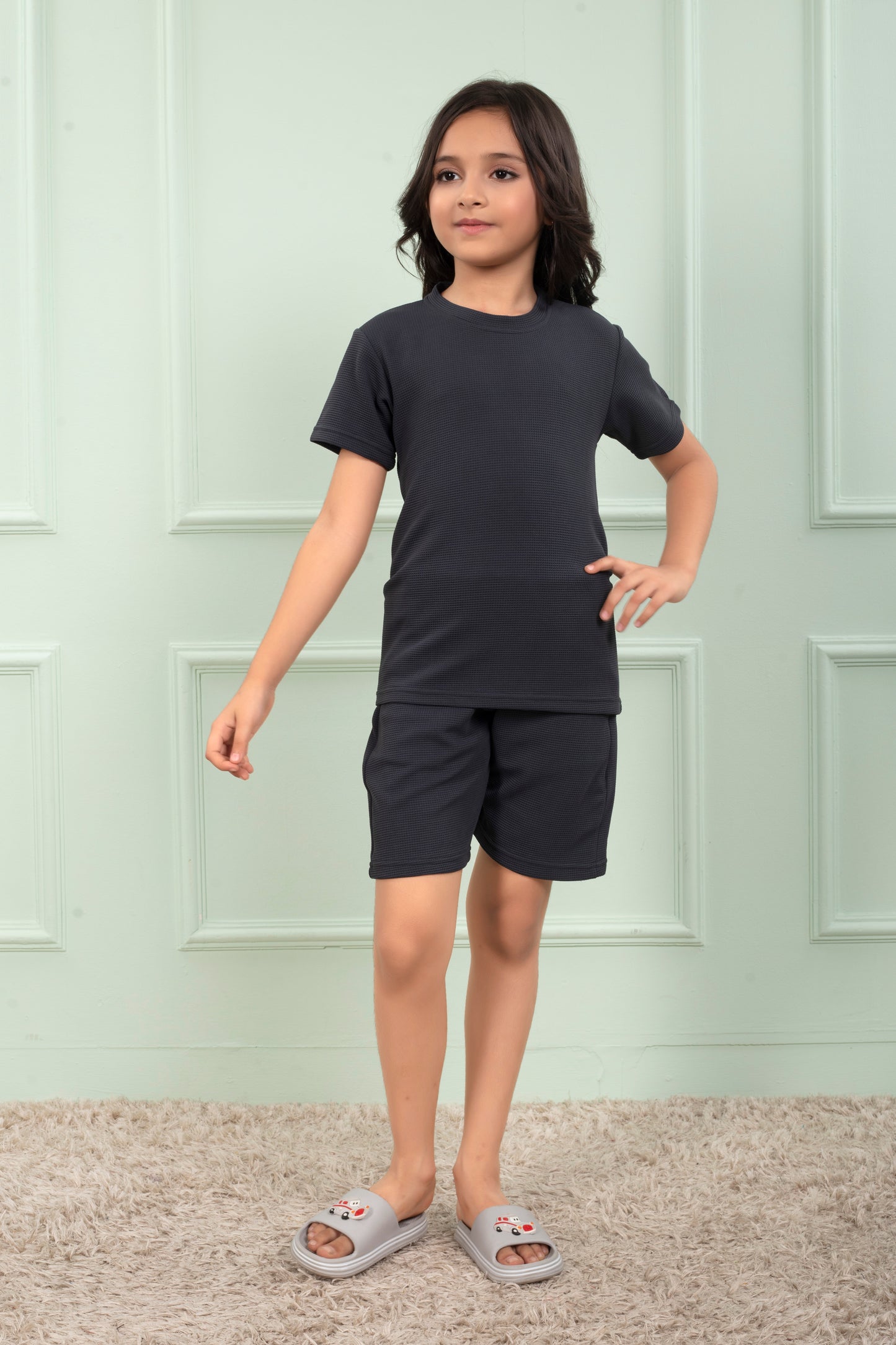 Grey_color_cotton_cute_Girls_night_suit_shorts_set - Stylish