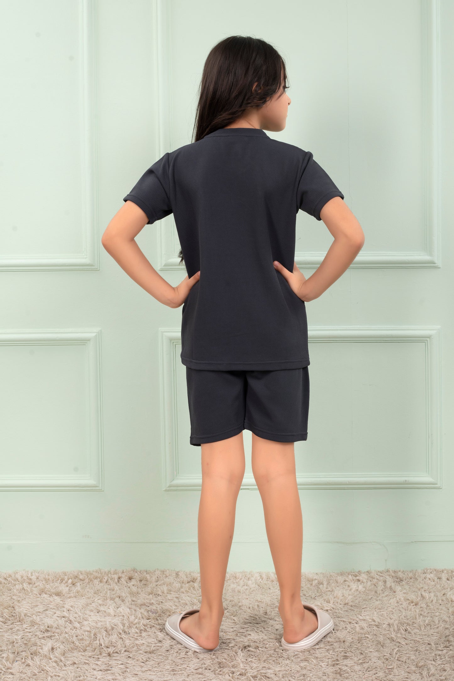 Grey_color_cotton_cute_Girls_night_suit_shorts_set - BackView