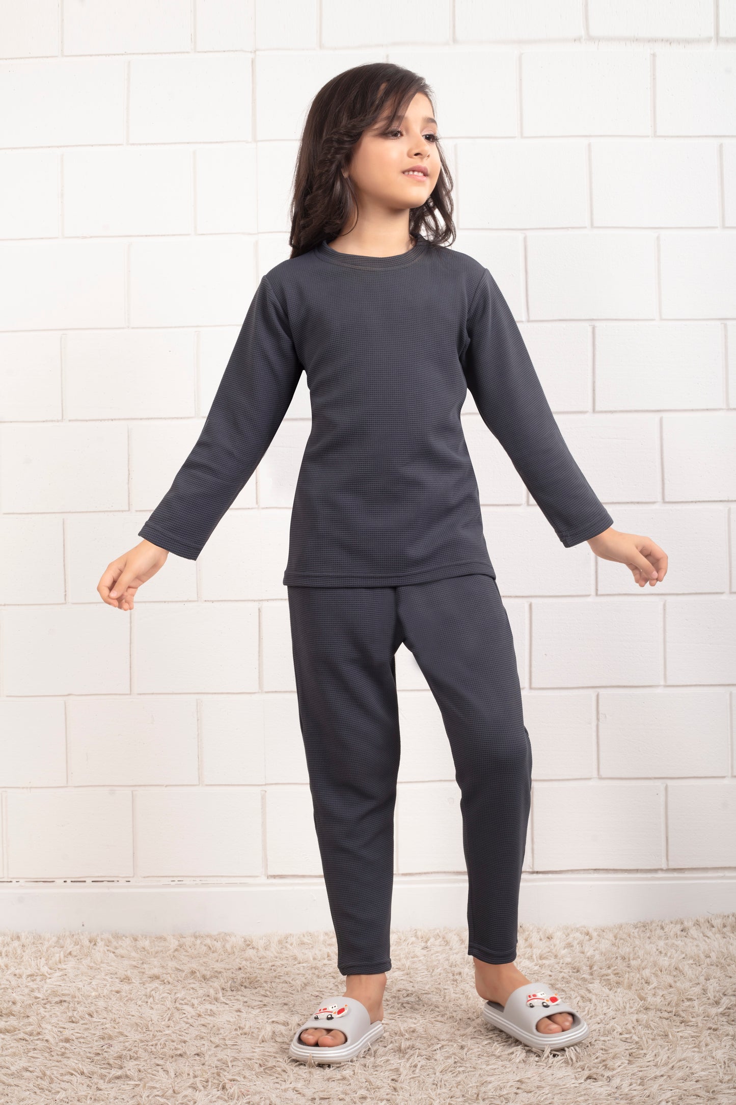 Grey_color_cotton_waffle_cute_pajama_sets_for_Girl- FrontView