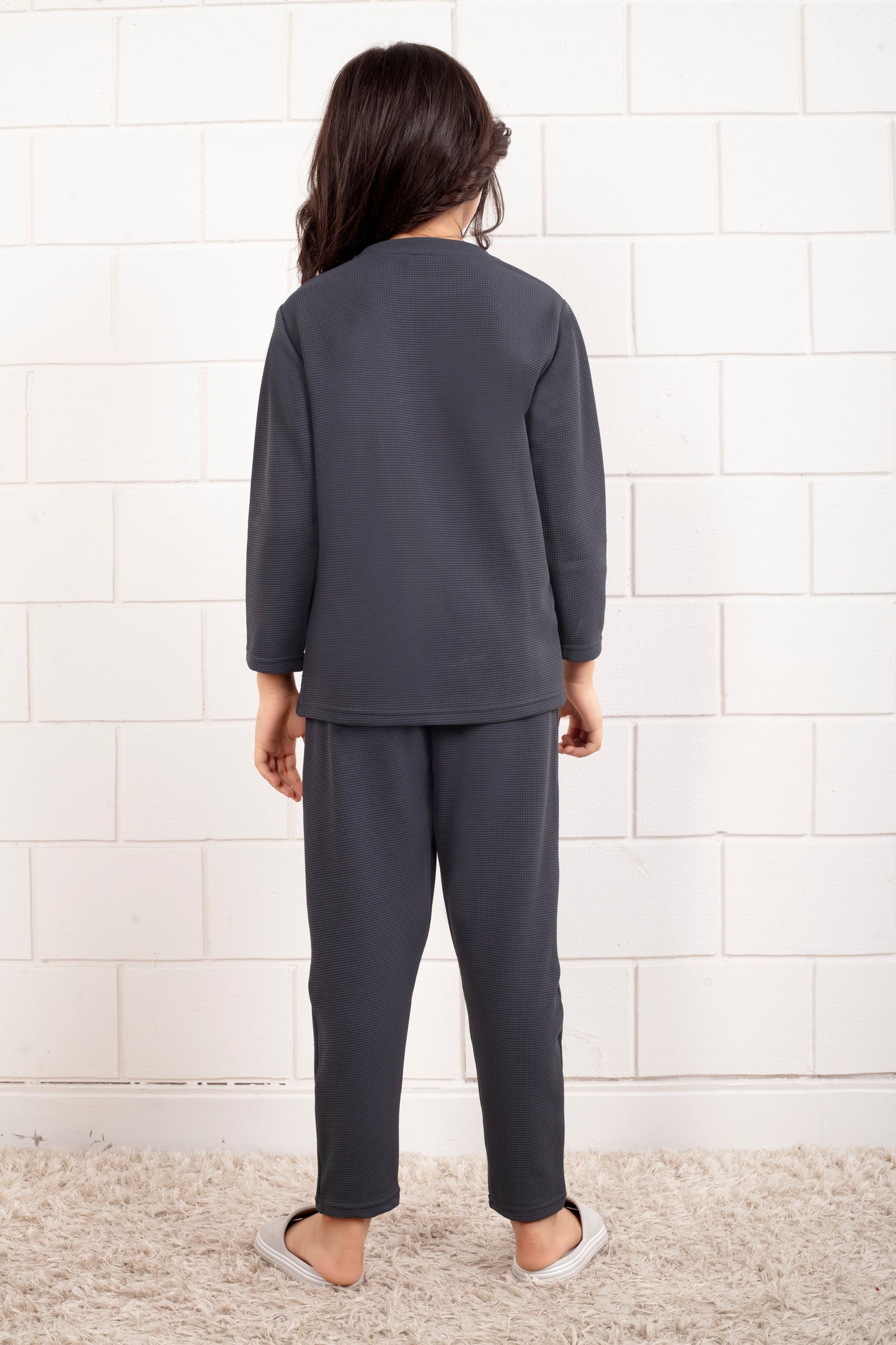 Grey_color_cotton_waffle_cute_pajama_sets_for_Girl- BackView