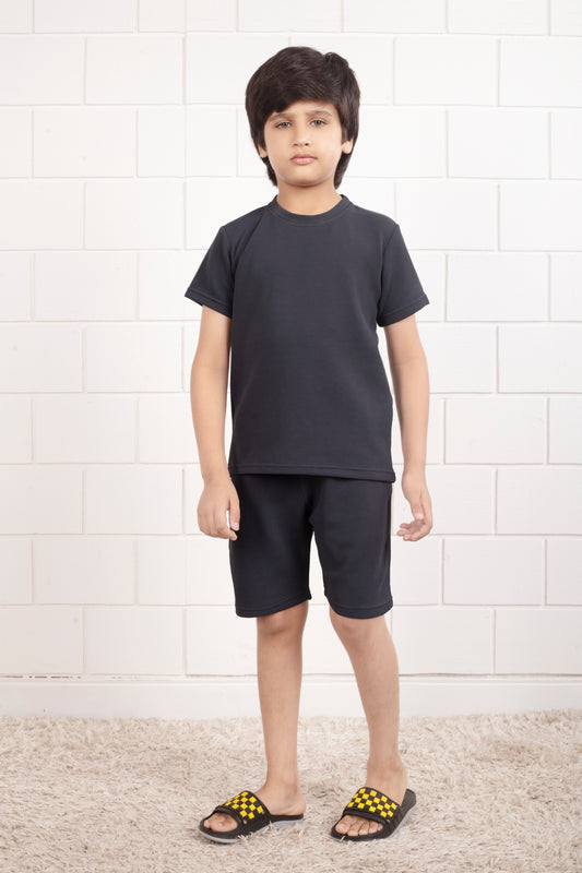 Grey_color_cotton_waffle_cute_shorts_set - Front