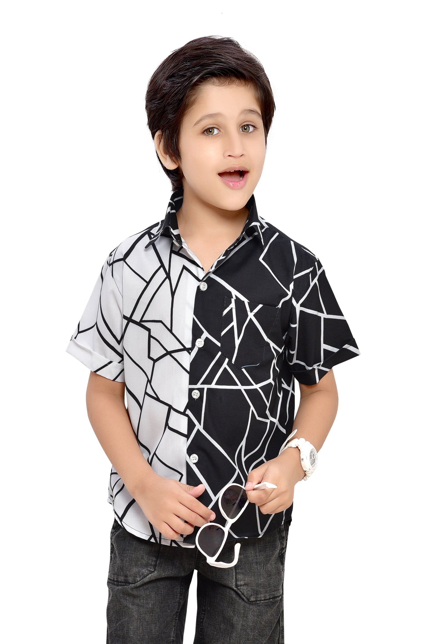 Half Black and Half White Abstract Printed Half Sleeve Shirt – Club96.in