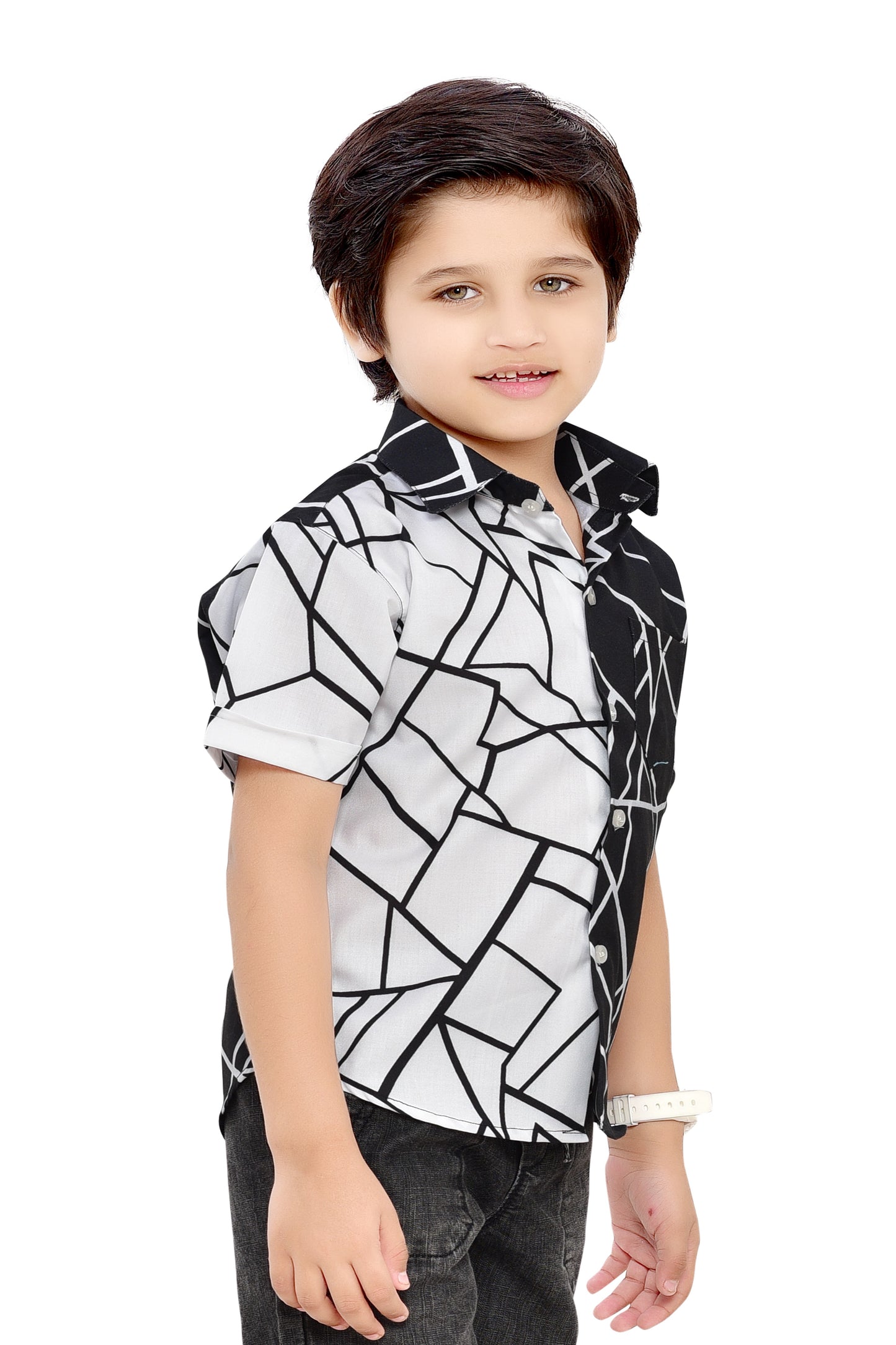 Half Black and Half White Abstract Printed Half Sleeve Shirt – Front