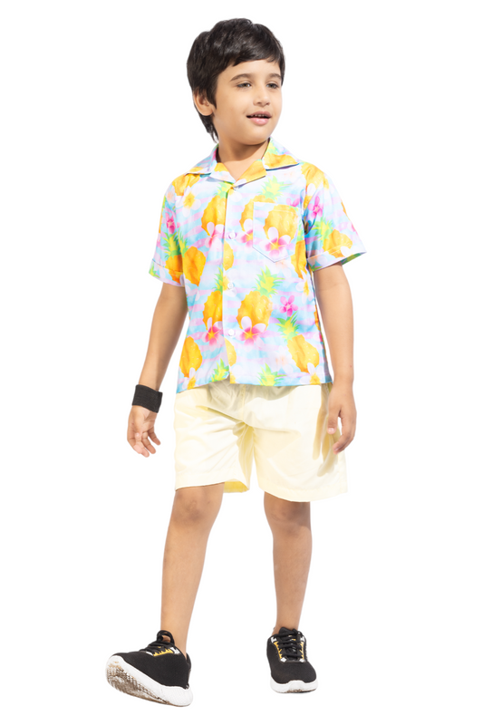 Hawaiian Floral Printed Cotton Shirt with Yellow Shorts - Front