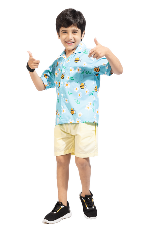 HoneyBee Printed Cotton Sky Blue Shirt with Yellow Shorts