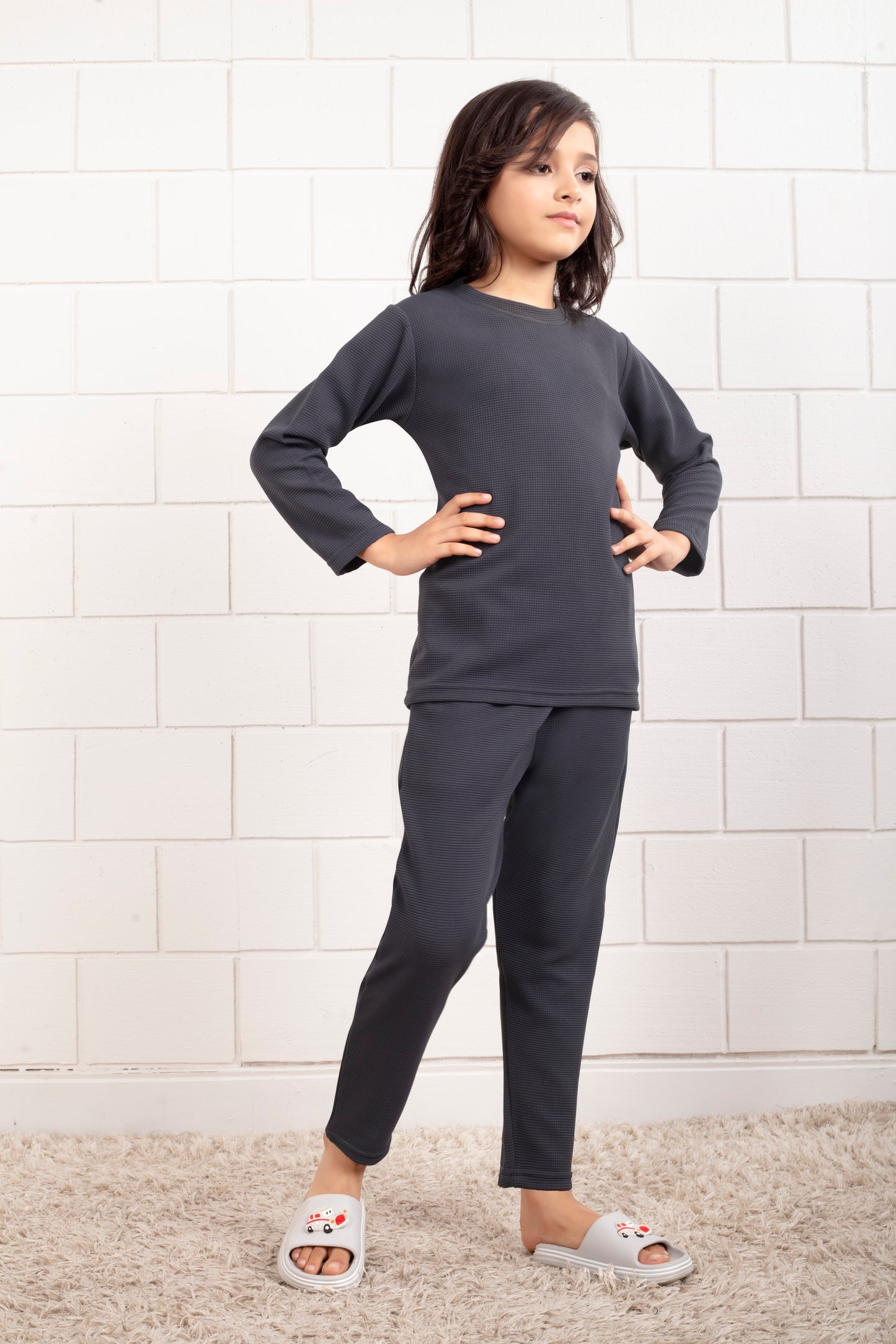Grey_color_cotton_waffle_cute_pajama_sets_for_Girl- SideView