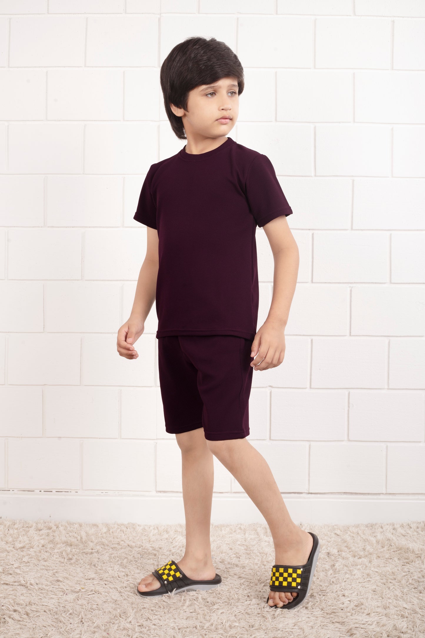 Maroon color cotton waffle cute shorts set