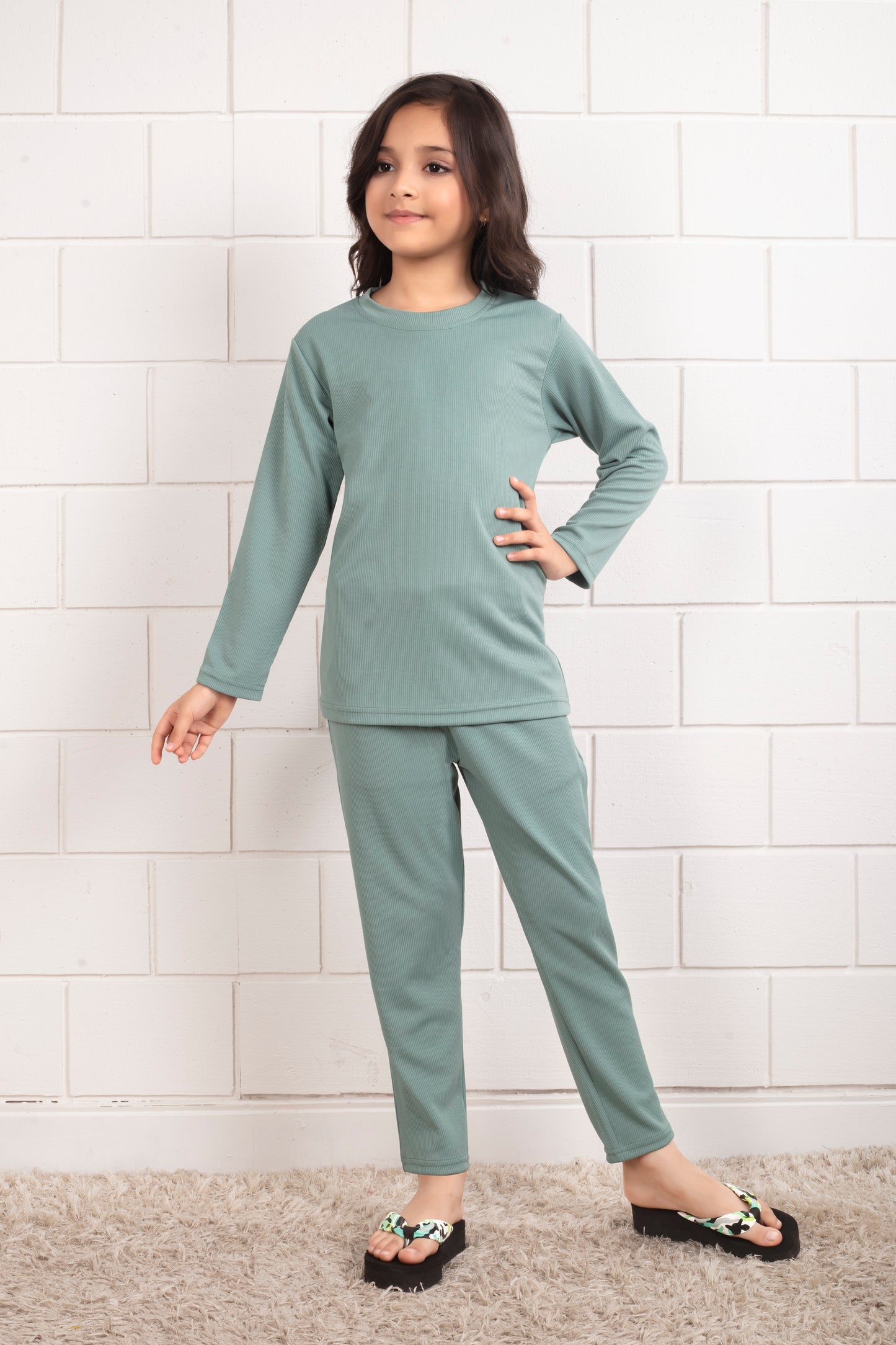 Light Green Mario rib cotton cute Girl pajama sets