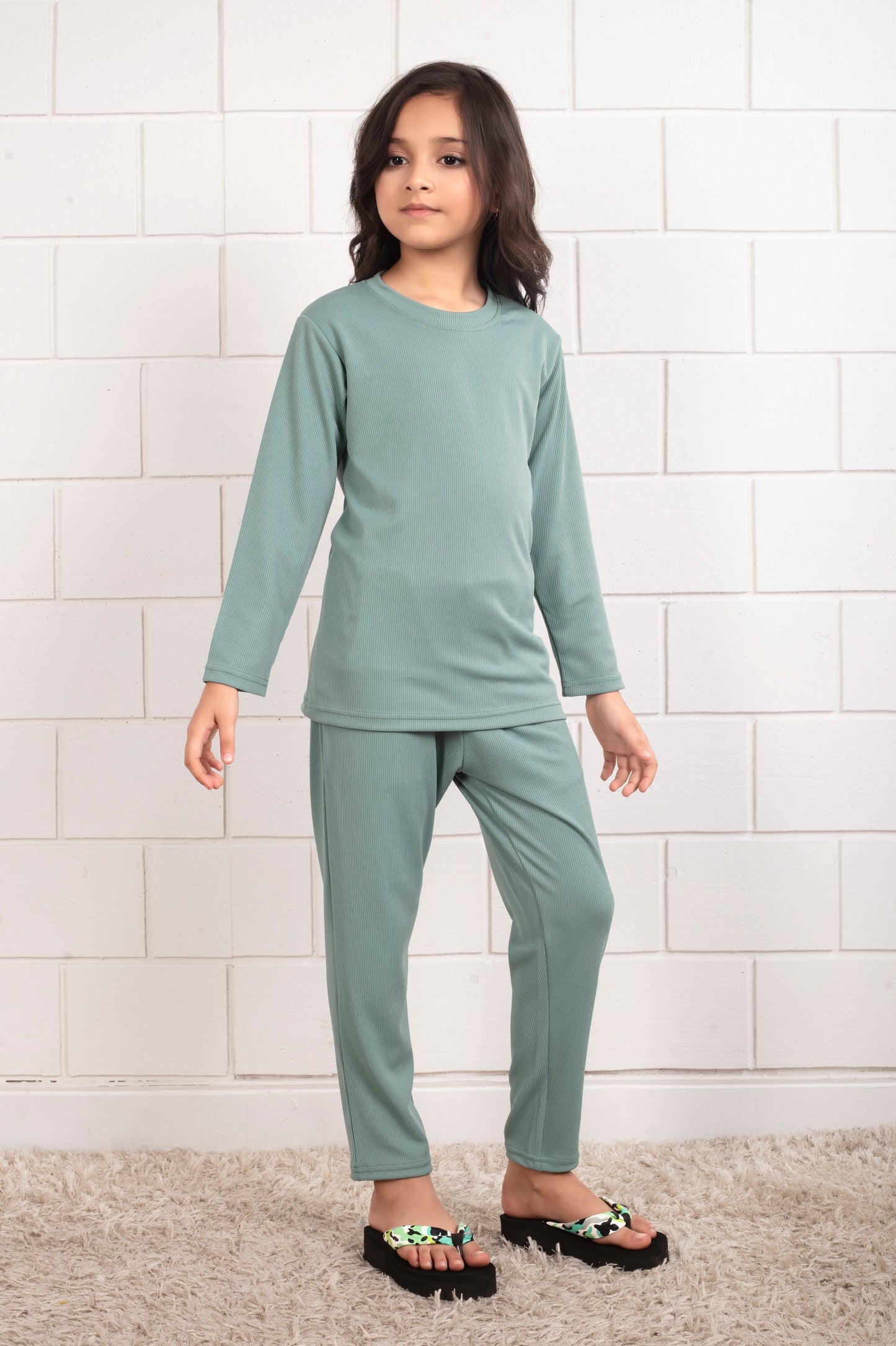 Light Green Mario rib cotton cute Girl pajama sets