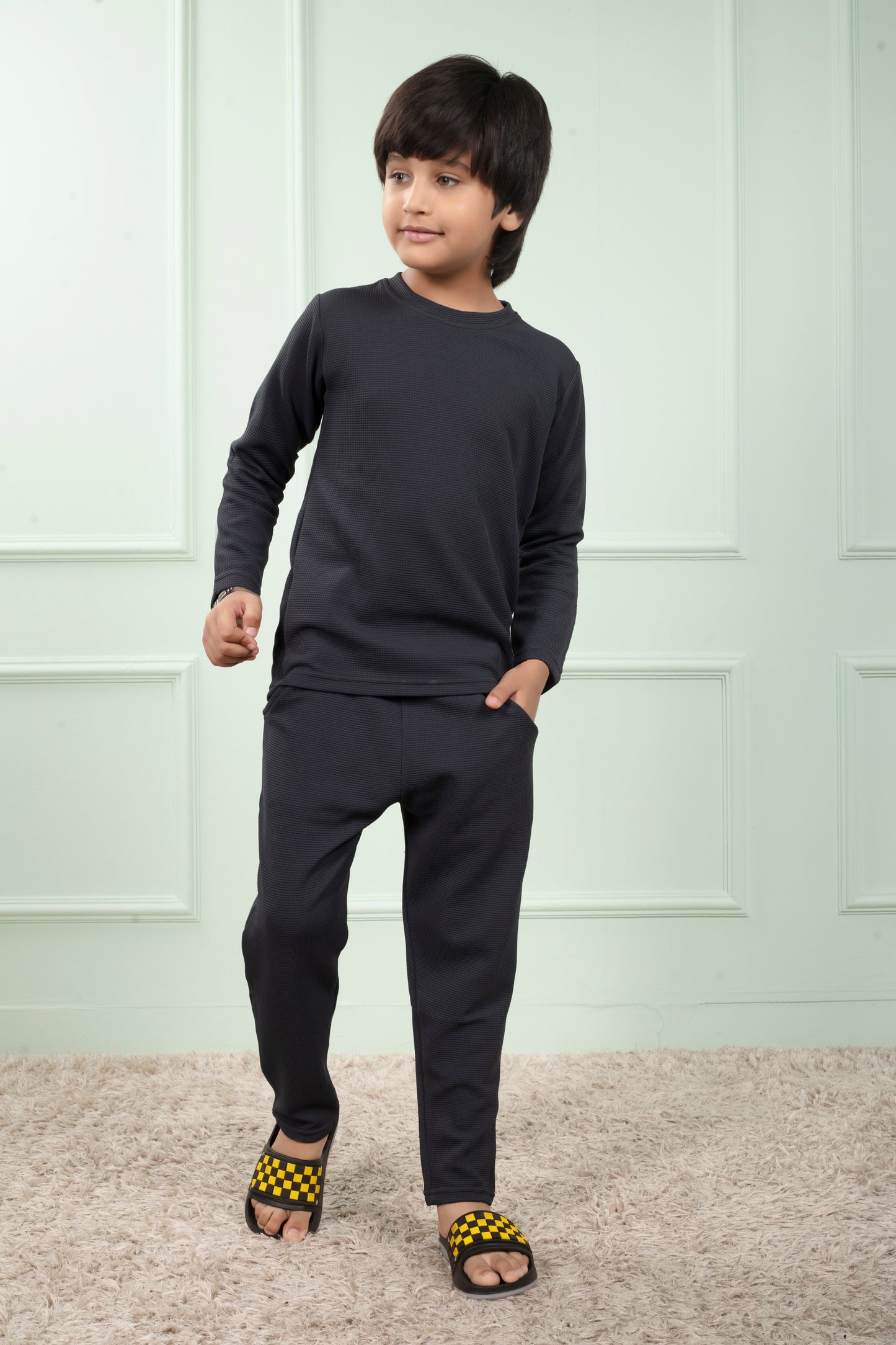 Grey color cotton waffle cute pajama sets