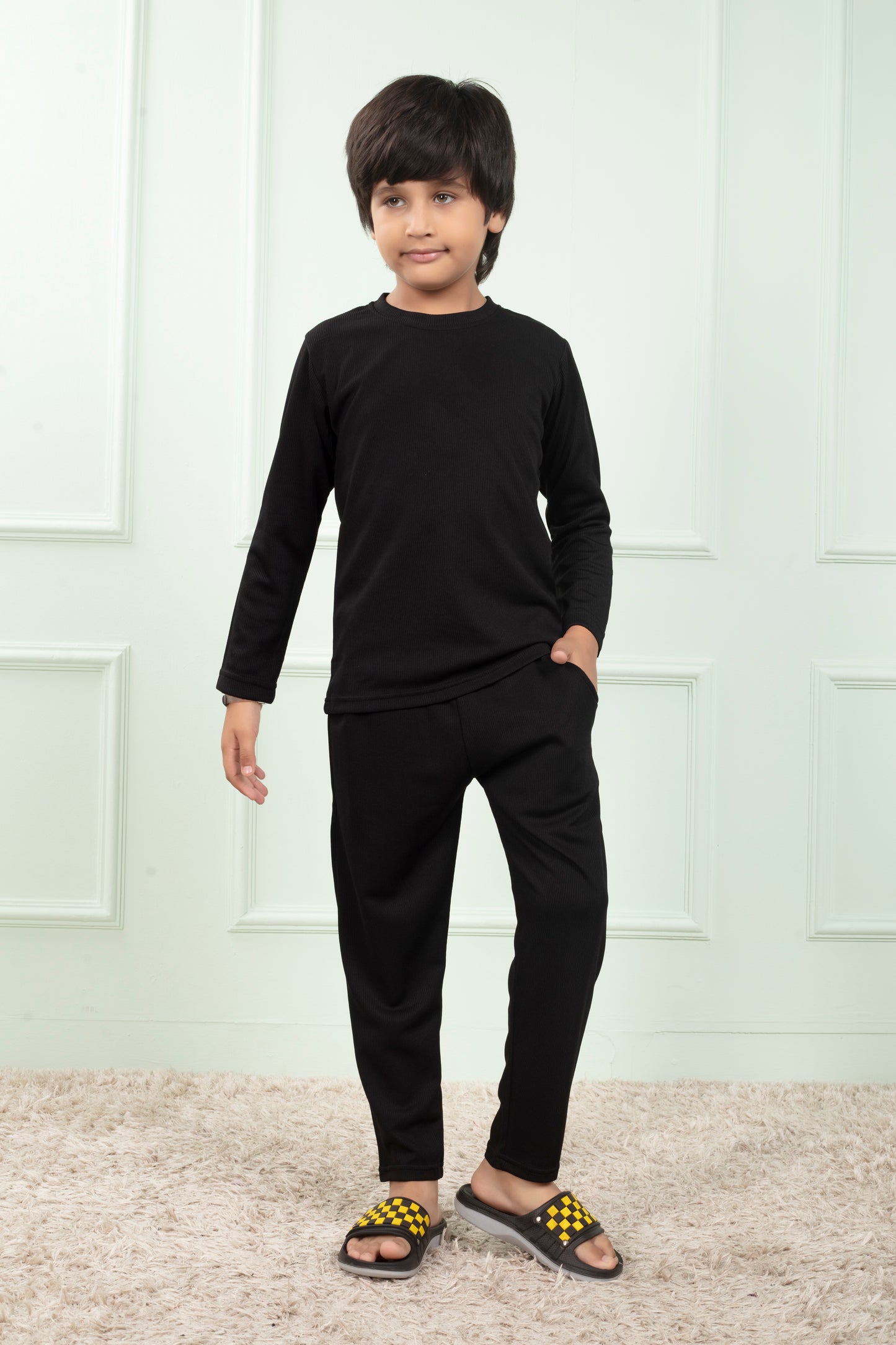 Black Pure Cotton Mario rib kids Pajama