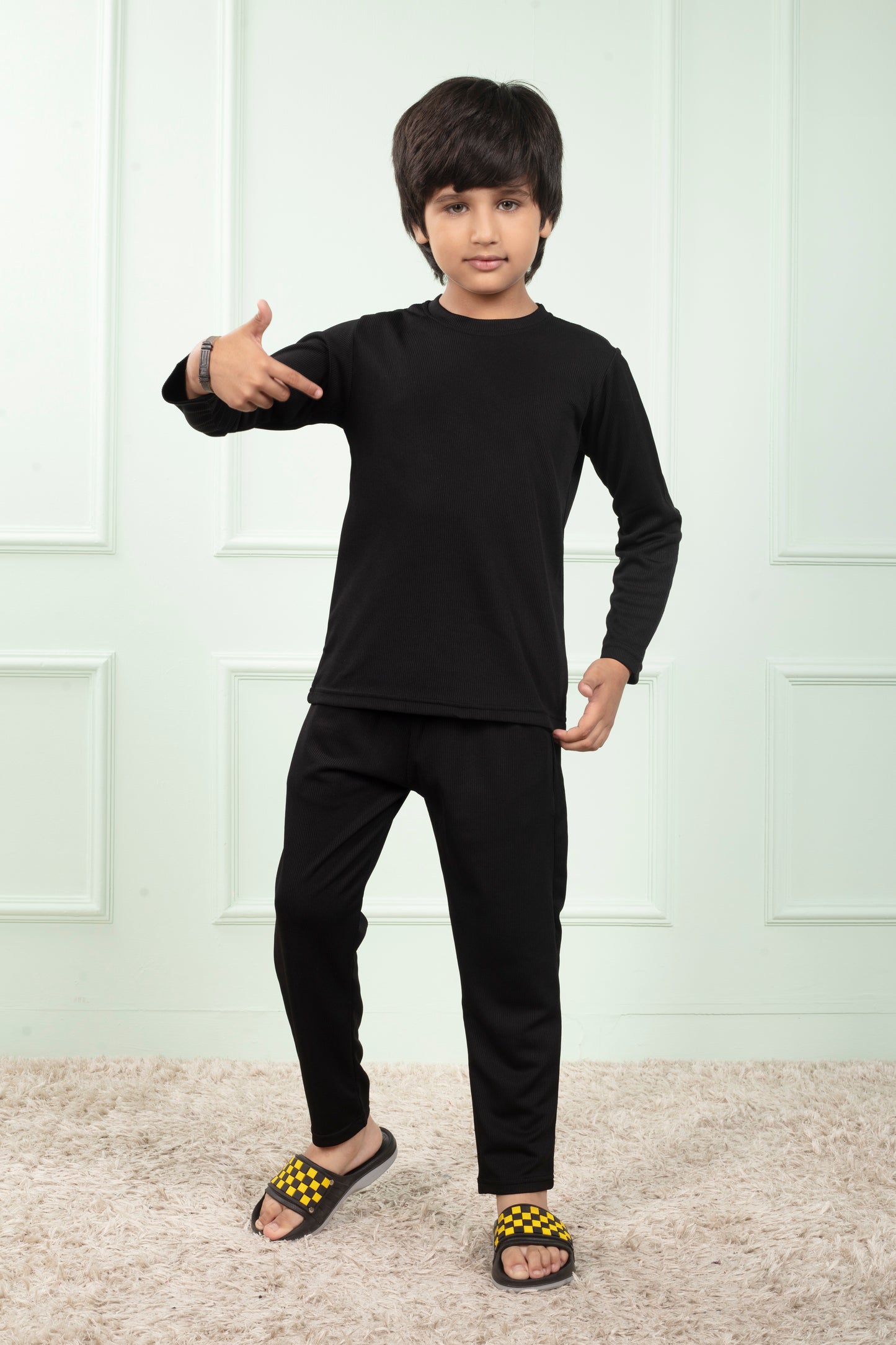 Black Pure Cotton Mario rib kids Pajama