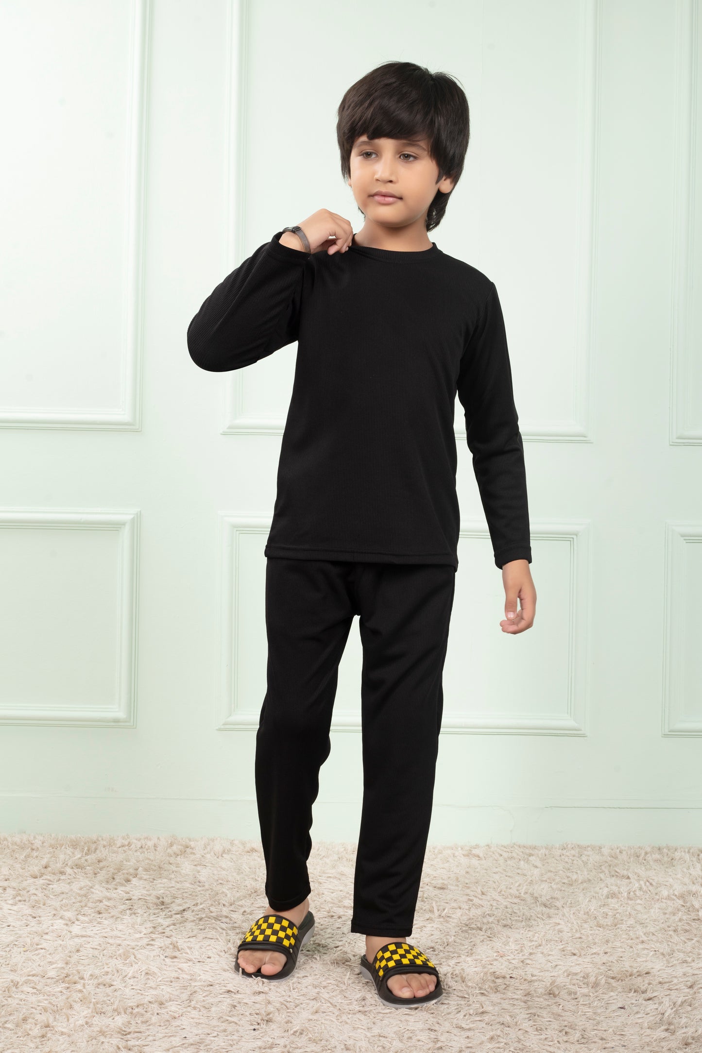 Black Pure Cotton Mario rib kids Pajama