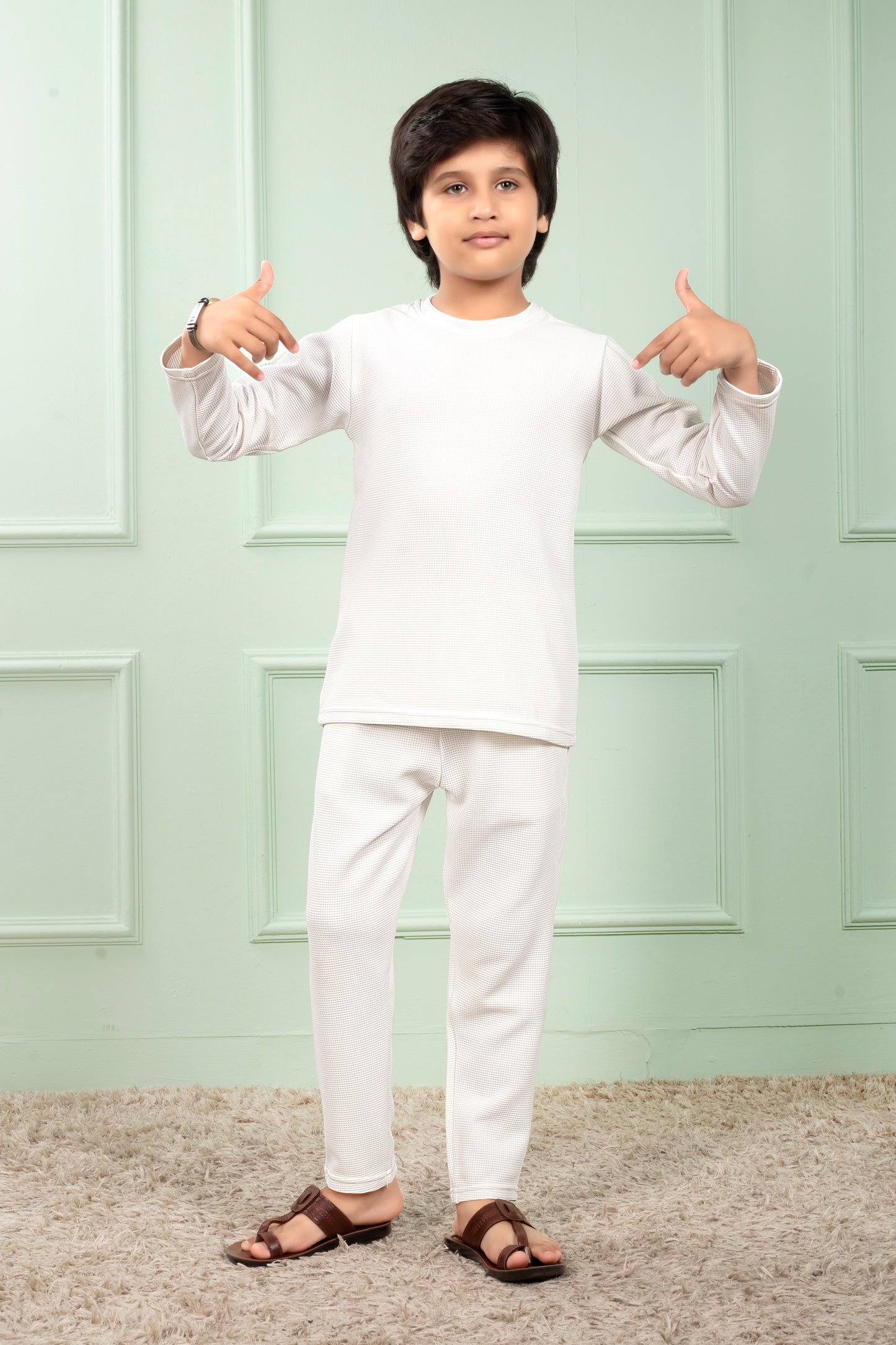 White color Pure cotton waffle cute pajama sets