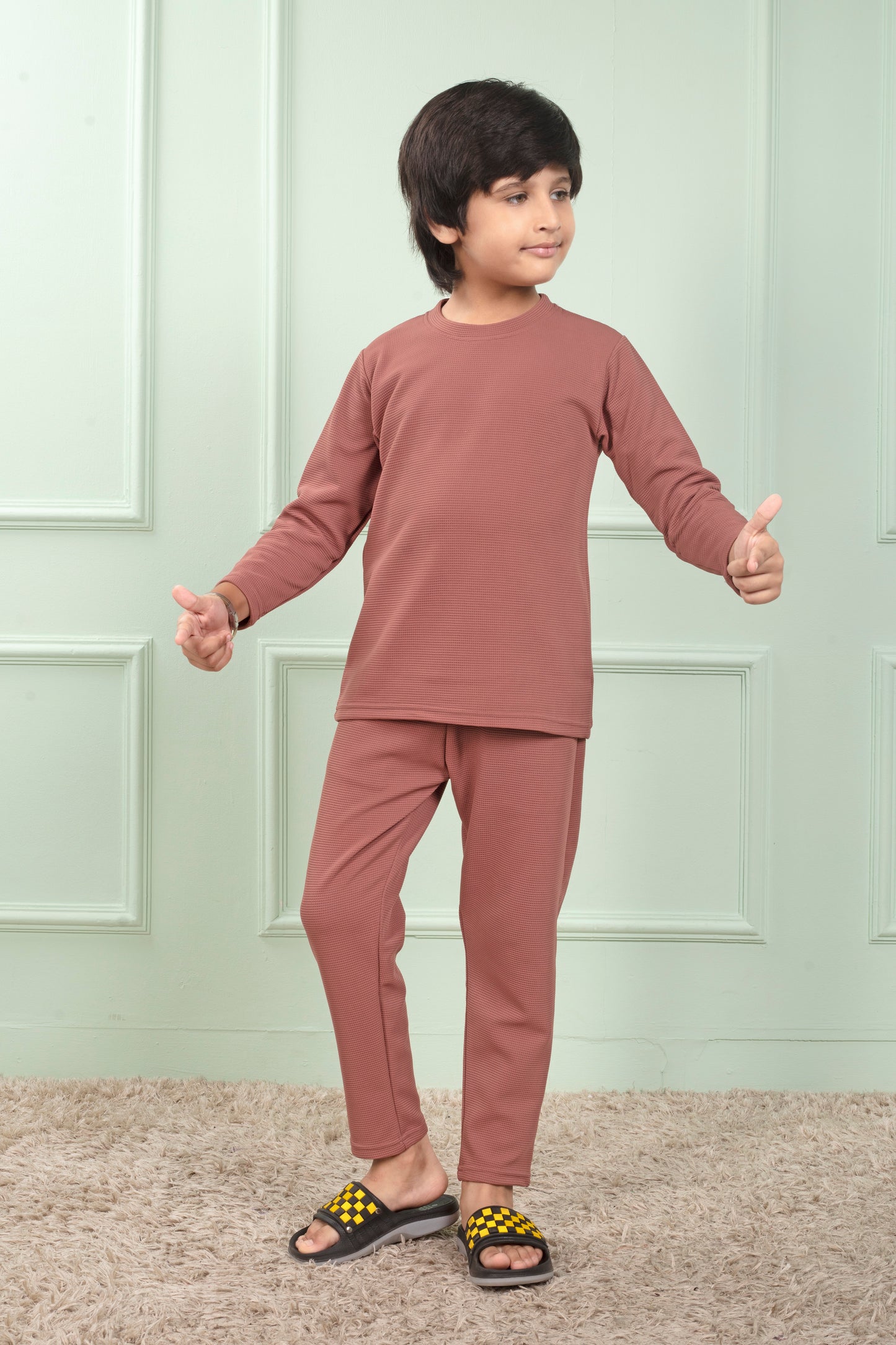 Cotton waffle Brown Pajama set for kids