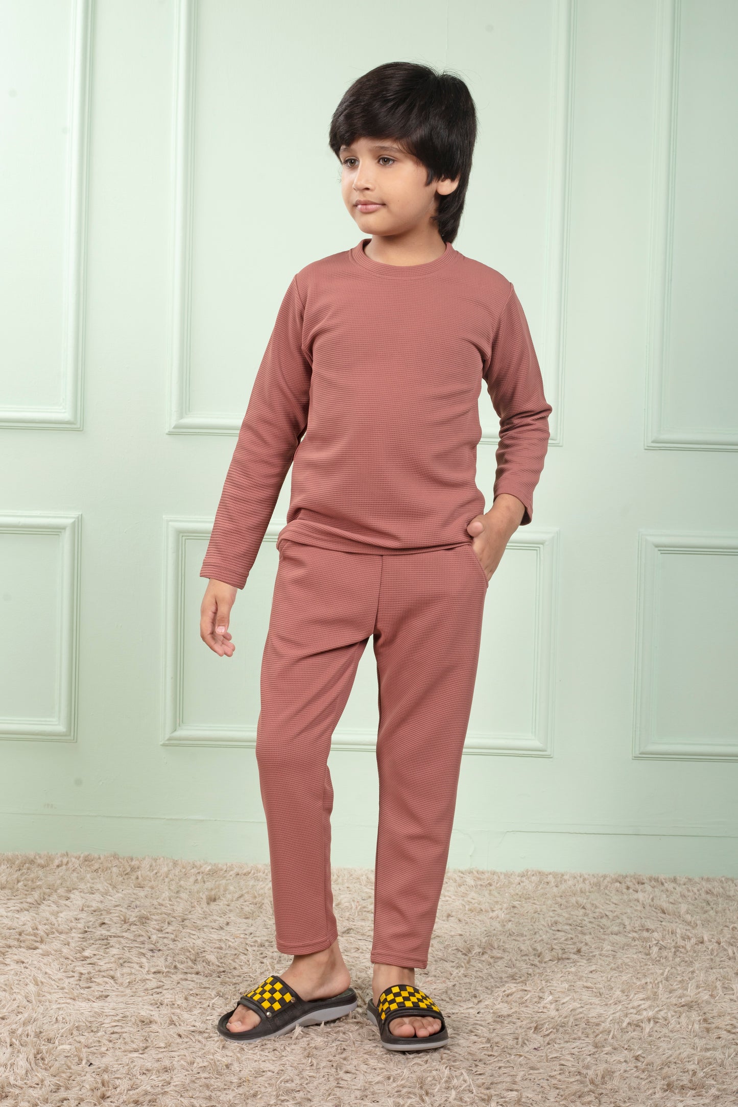 Cotton waffle Brown Pajama set for kids