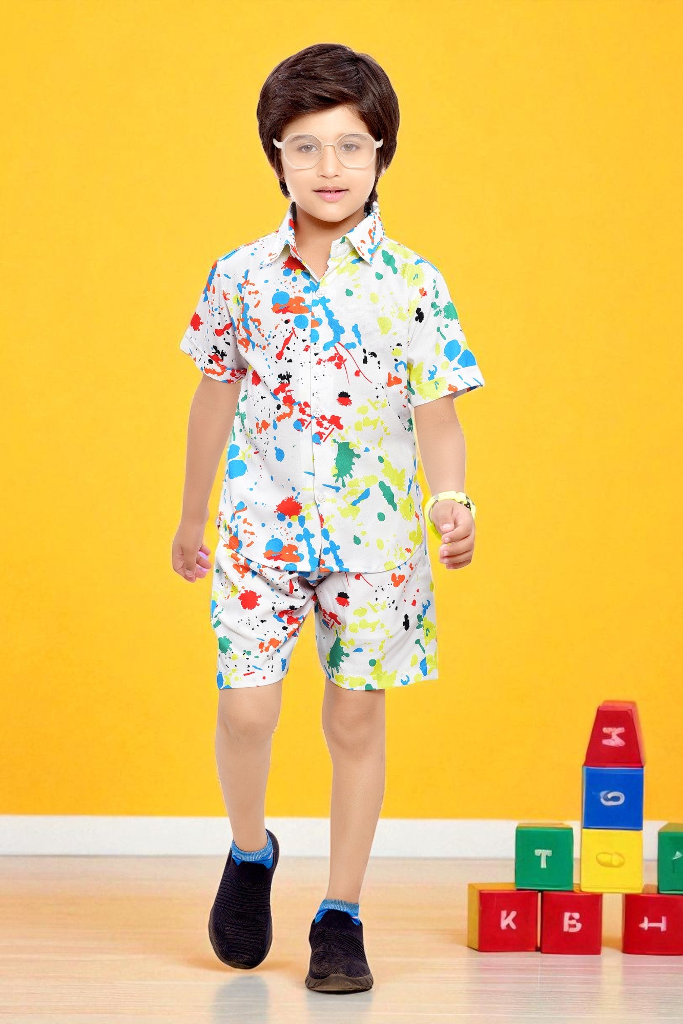 Cool White Color Splash Boys Cotton Shorts Co-Ord Set