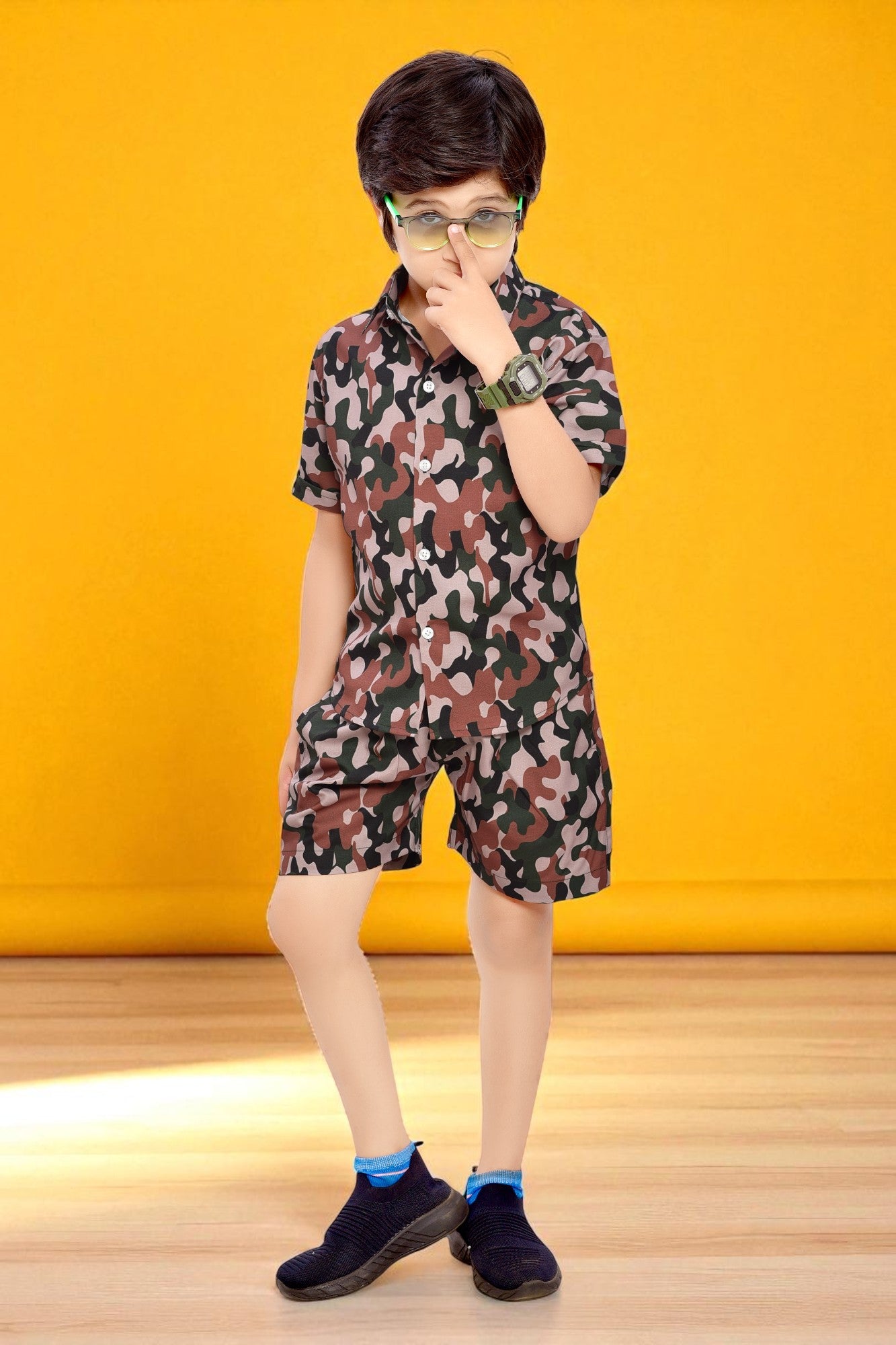 Brown Camouflage Printed Boys Cotton Shorts Co-Ord Set