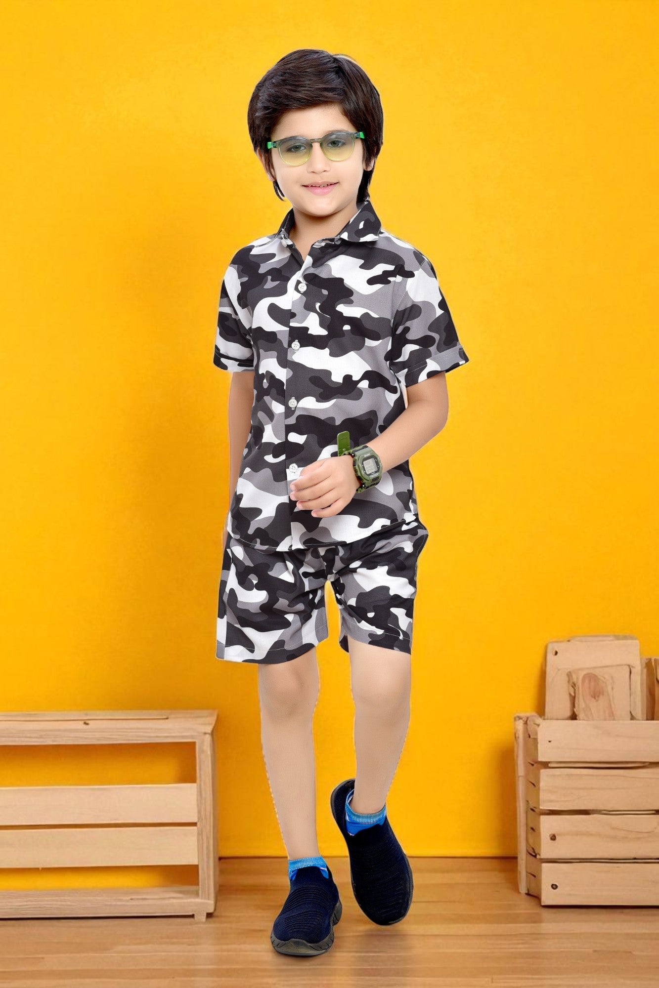 Black and White Camouflage Printed Boys Cotton Co-Ord Set