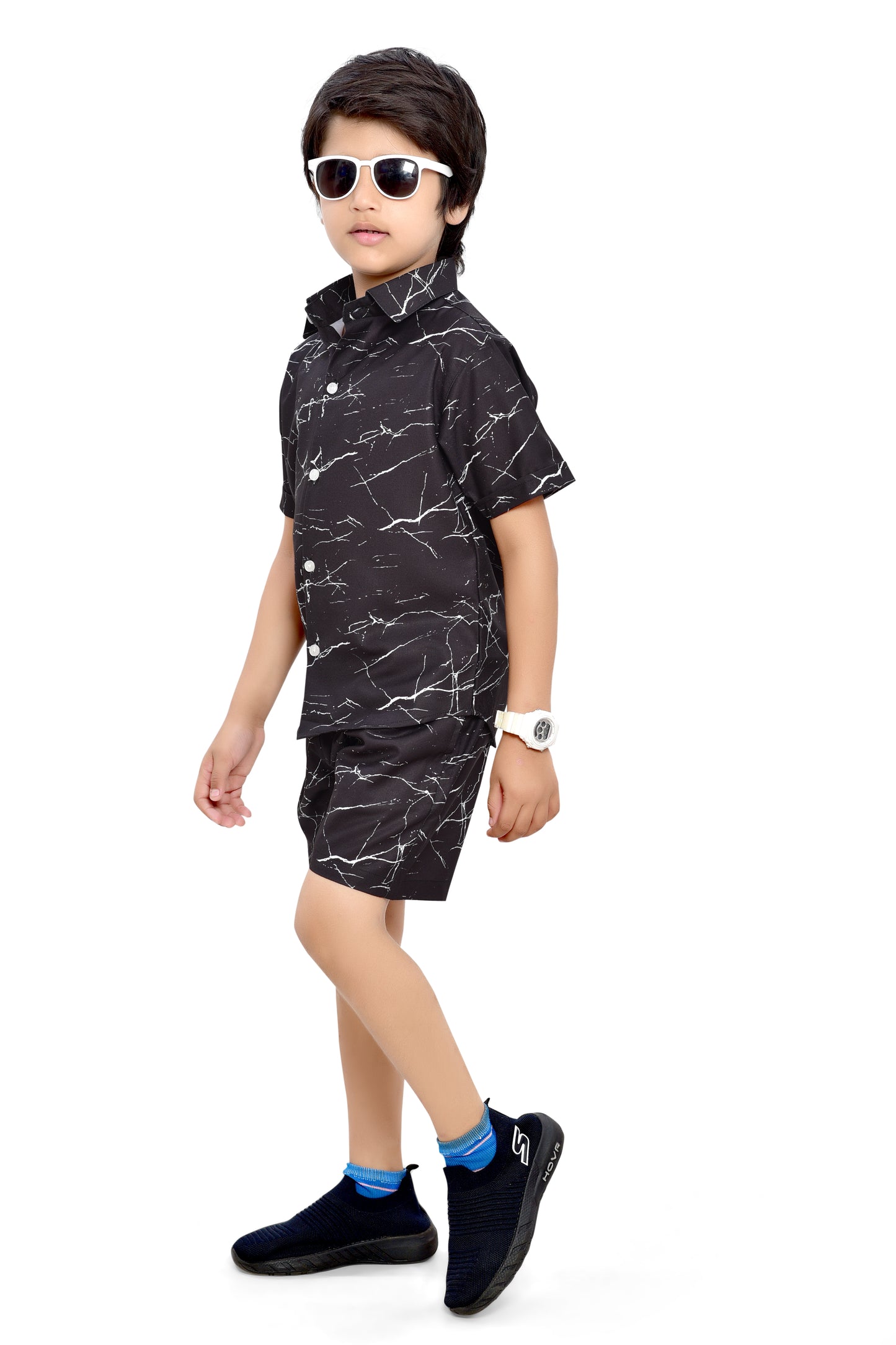 Black Marble Printed Boys Summer Cotton Co-Ord Set