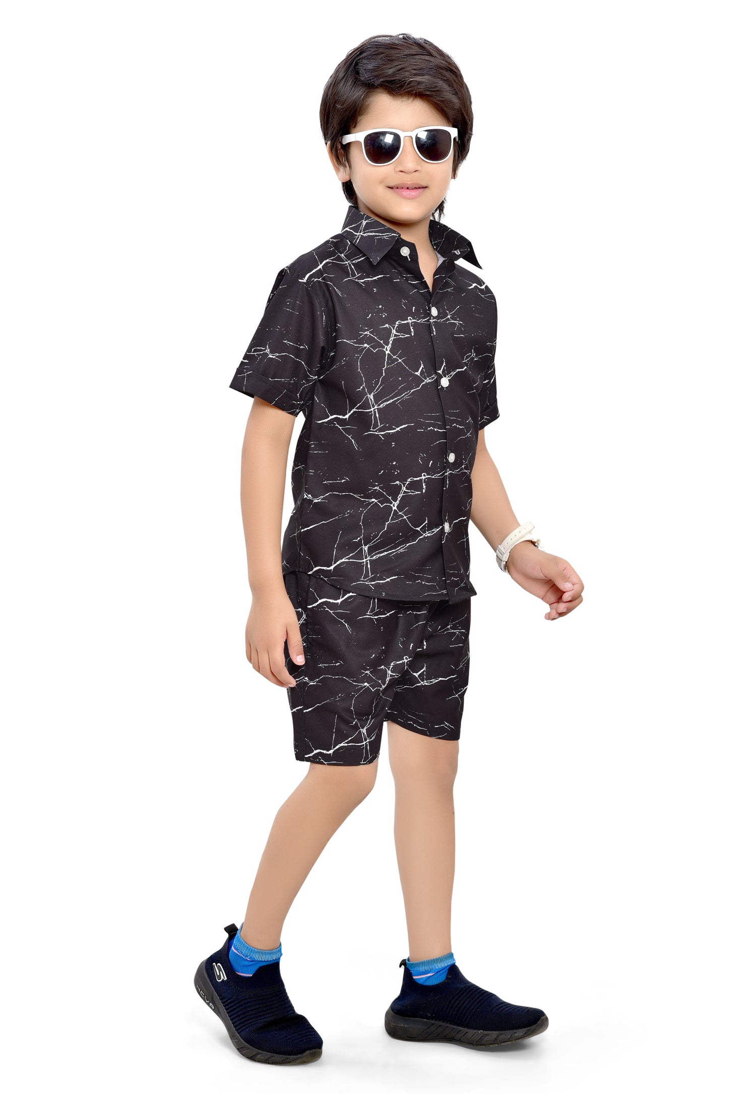 Black Marble Printed Boys Summer Cotton Co-Ord Set