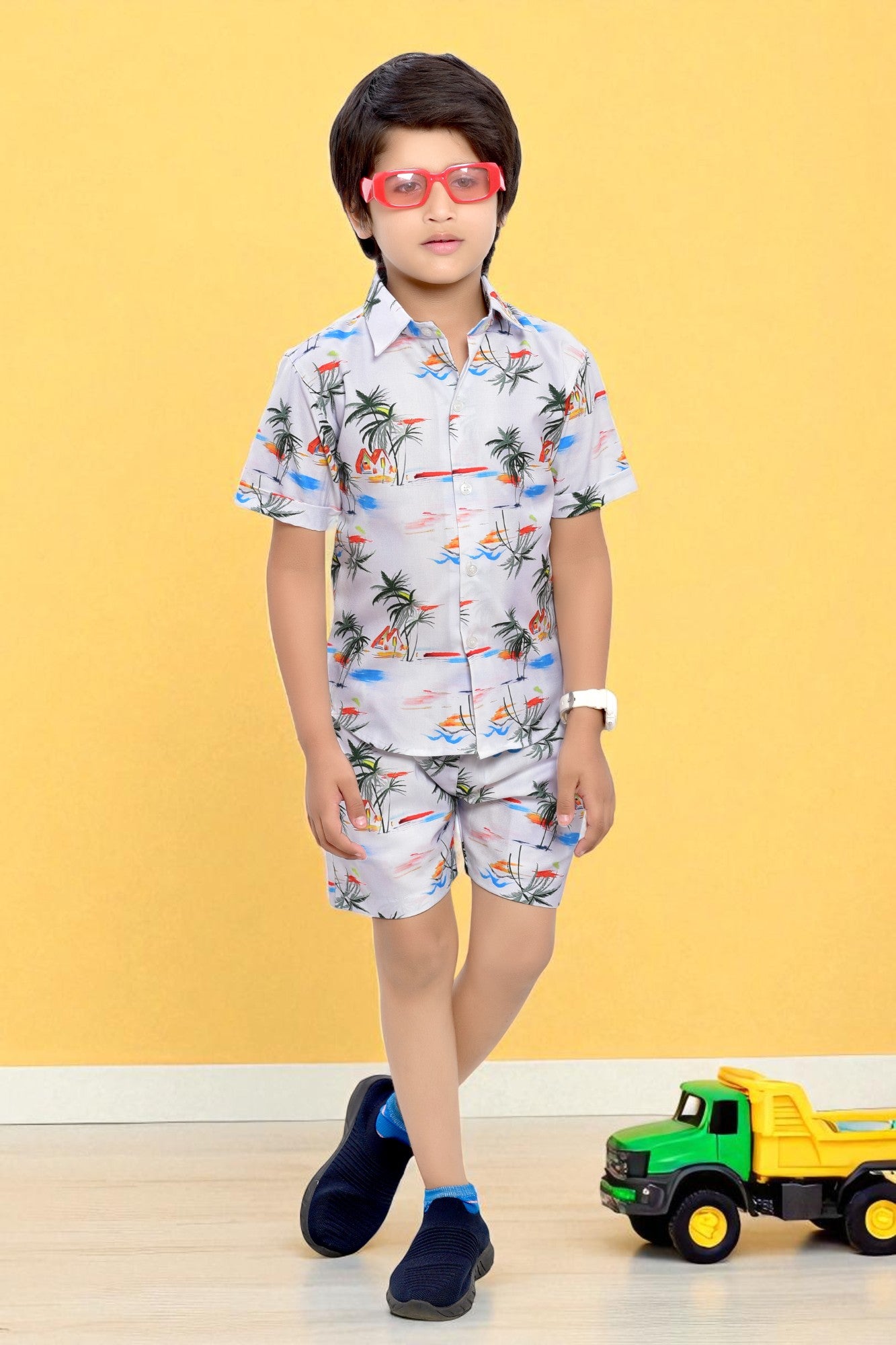 Beach Vacation Special White Printed Cotton Co-Ord Set for Boys