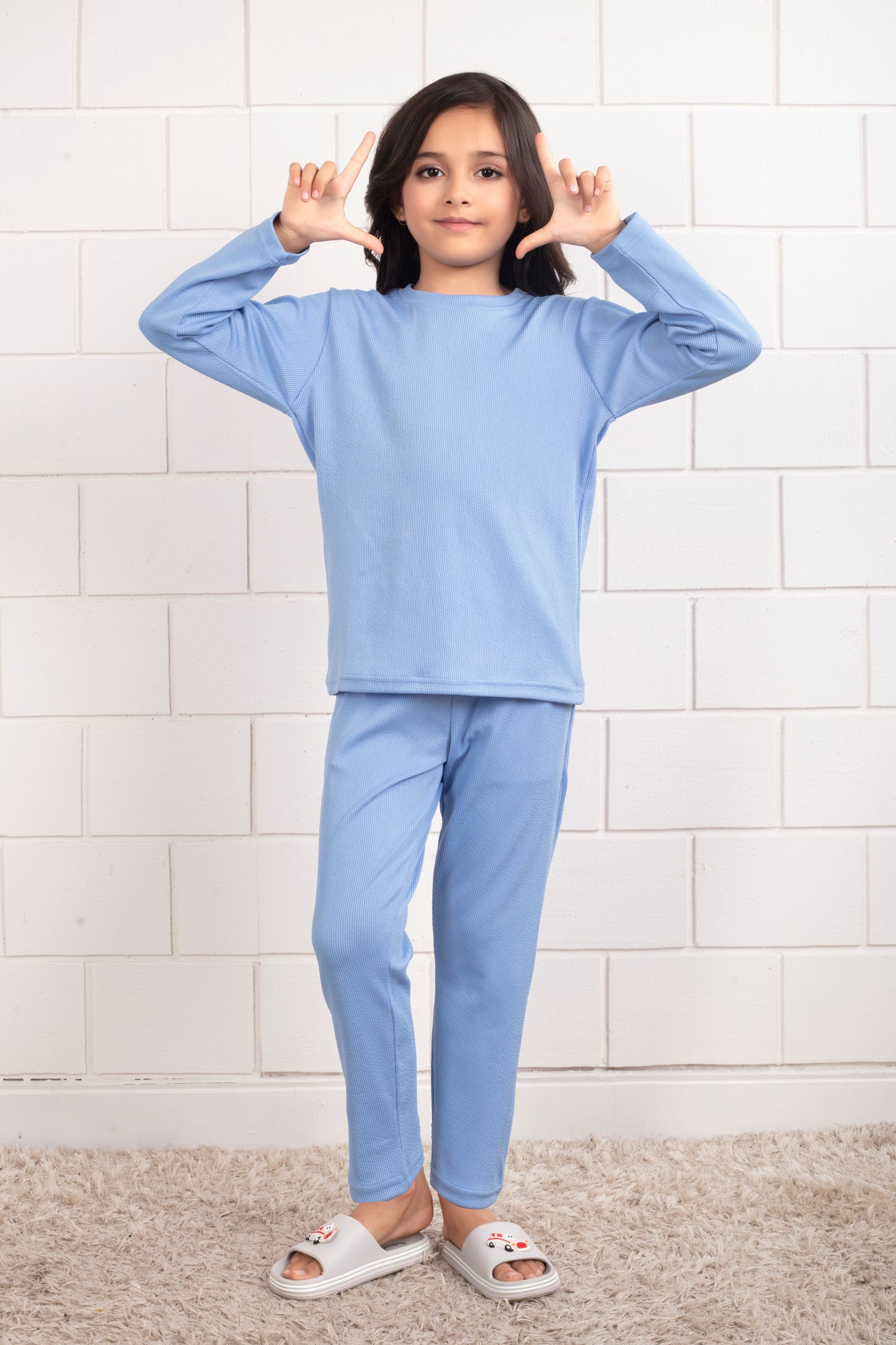 Mario_rib_cotton_Sky_Blue_color_Pajama_set_for_Girl  - FrontView