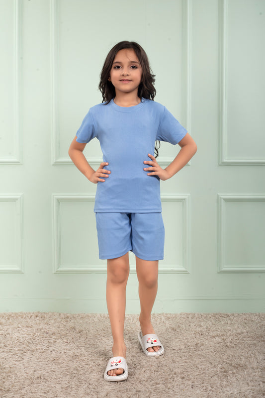 Mario_rib_cotton_Sky_Blue_color_shorts_set_for_Girl - FrontView