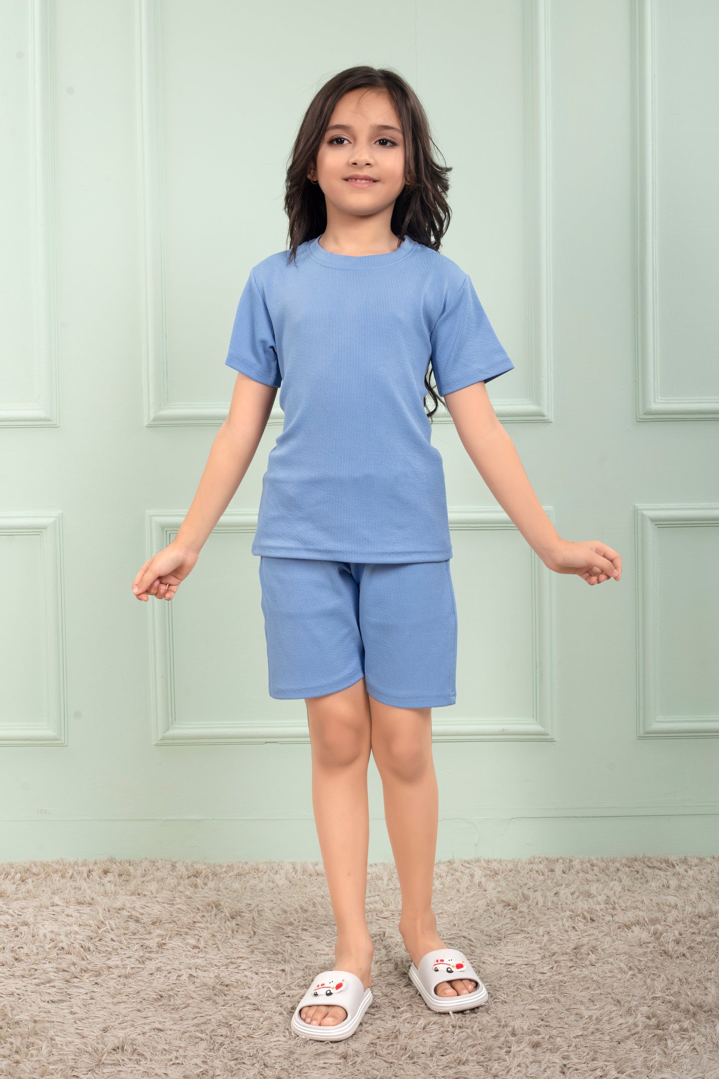 Mario_rib_cotton_Sky_Blue_color_shorts_set_for_Girl - Club96