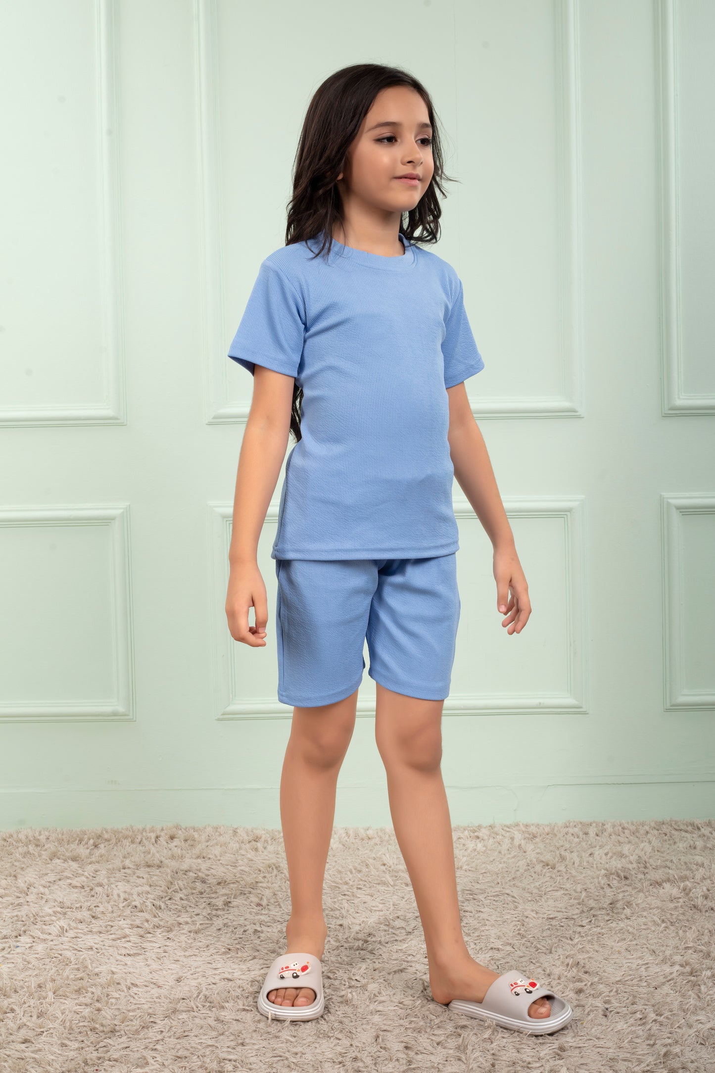 Mario_rib_cotton_Sky_Blue_color_shorts_set_for_Girl - SideView