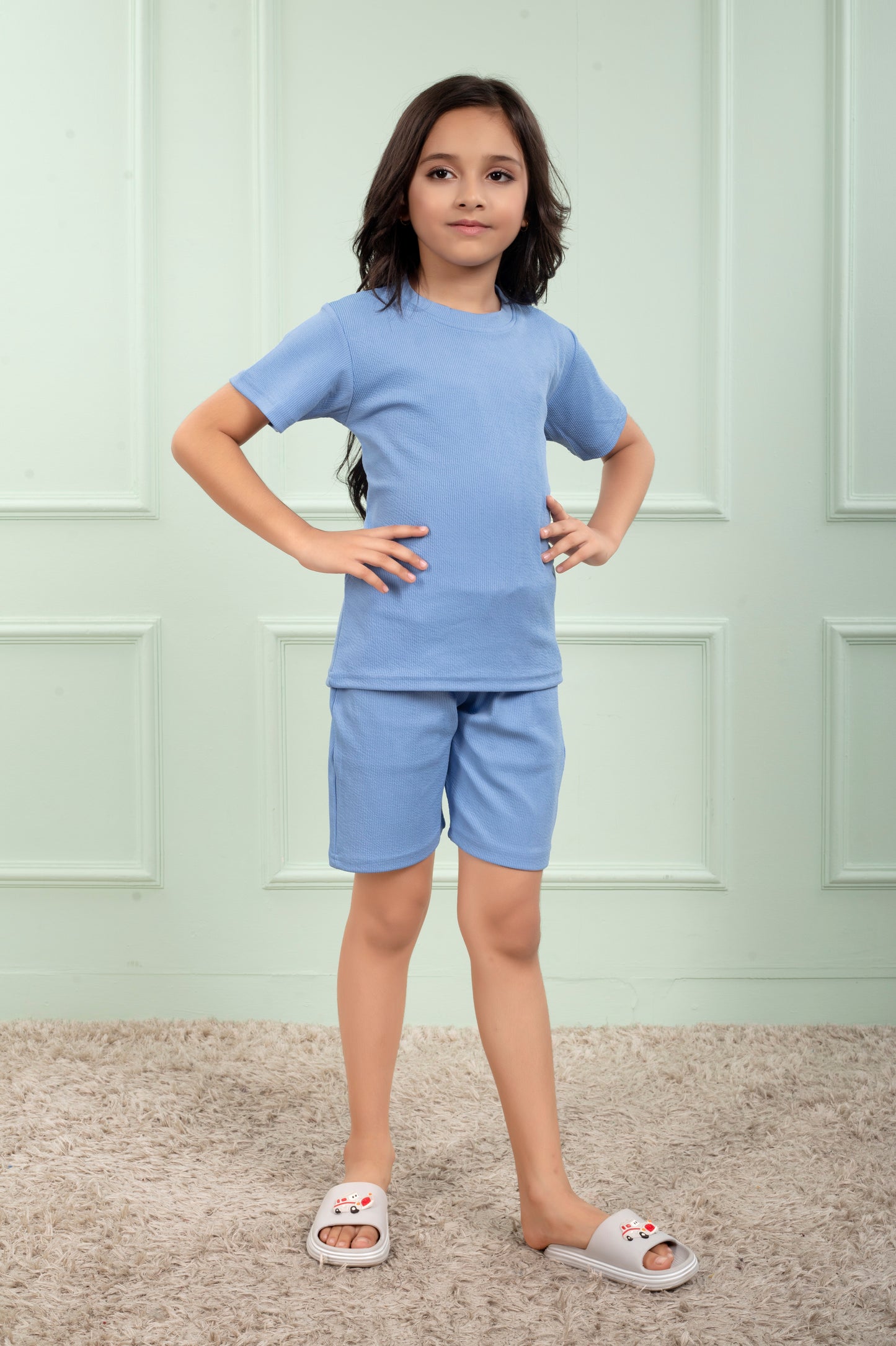 Mario_rib_cotton_Sky_Blue_color_shorts_set_for_Girl - Stylish