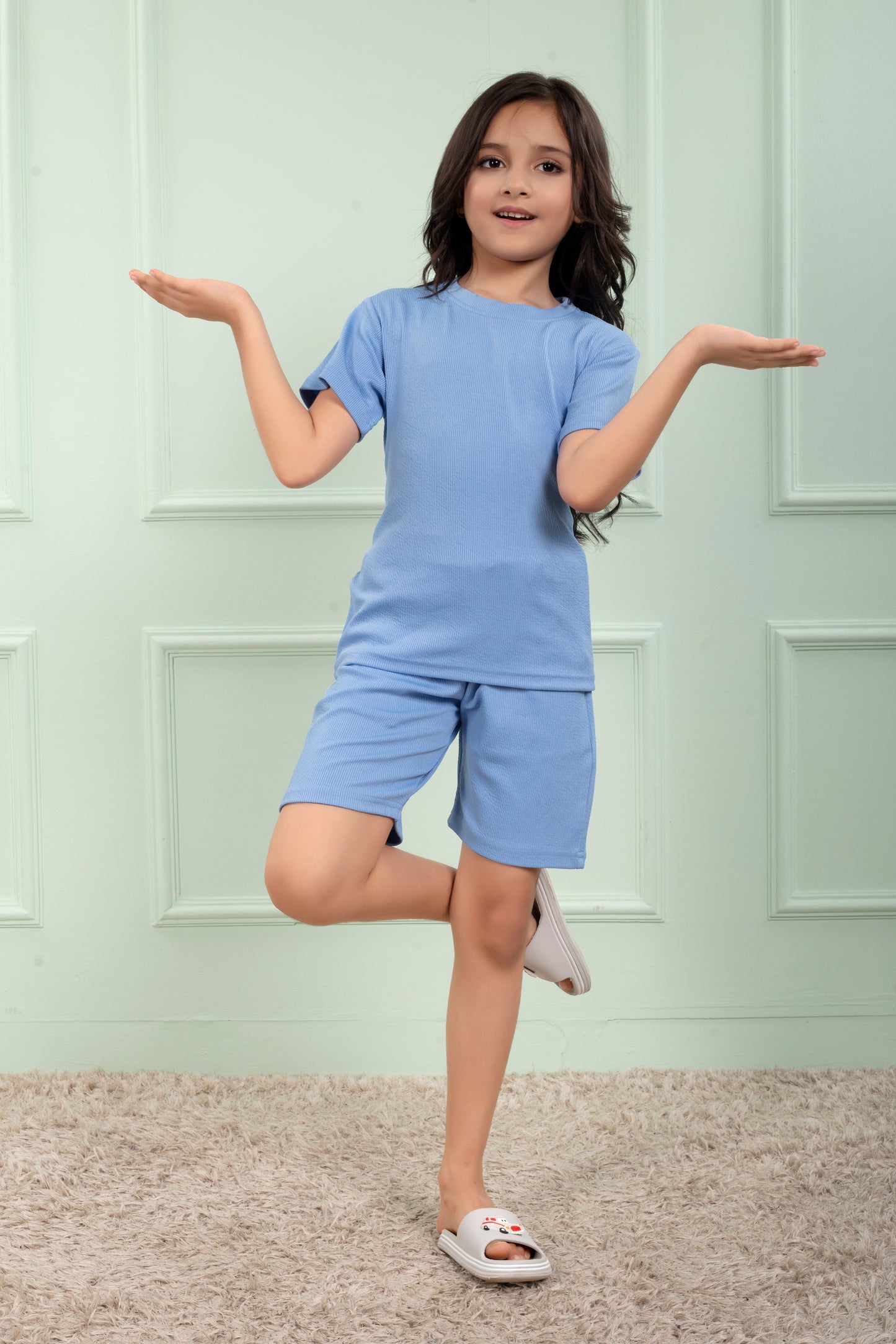 Mario_rib_cotton_Sky_Blue_color_shorts_set_for_Girl - Payjama Set