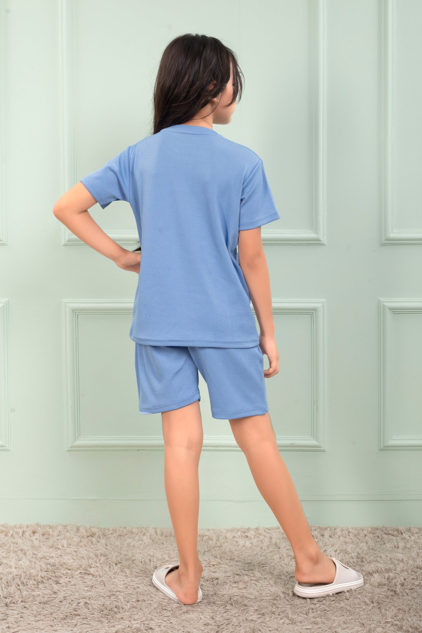 Mario_rib_cotton_Sky_Blue_color_shorts_set_for_Girl - BackView