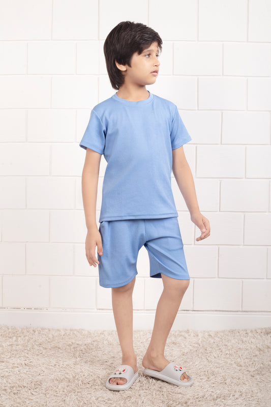 Mario_rib_cotton_Sky_Blue_top_and_shorts_set_nightwear - Front