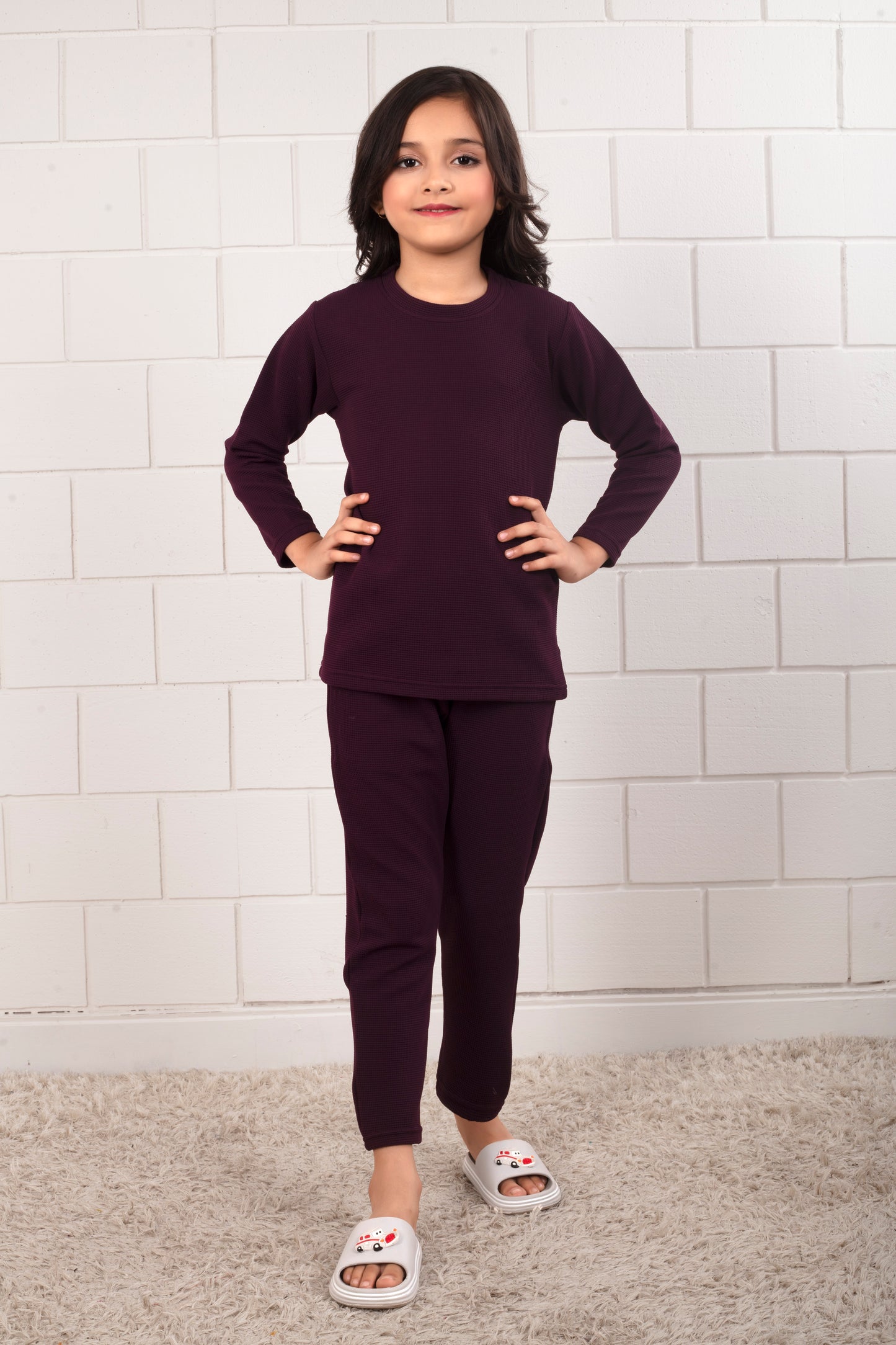 Maroon_color_cotton_waffle_Girl_pajama_sets - FrontView