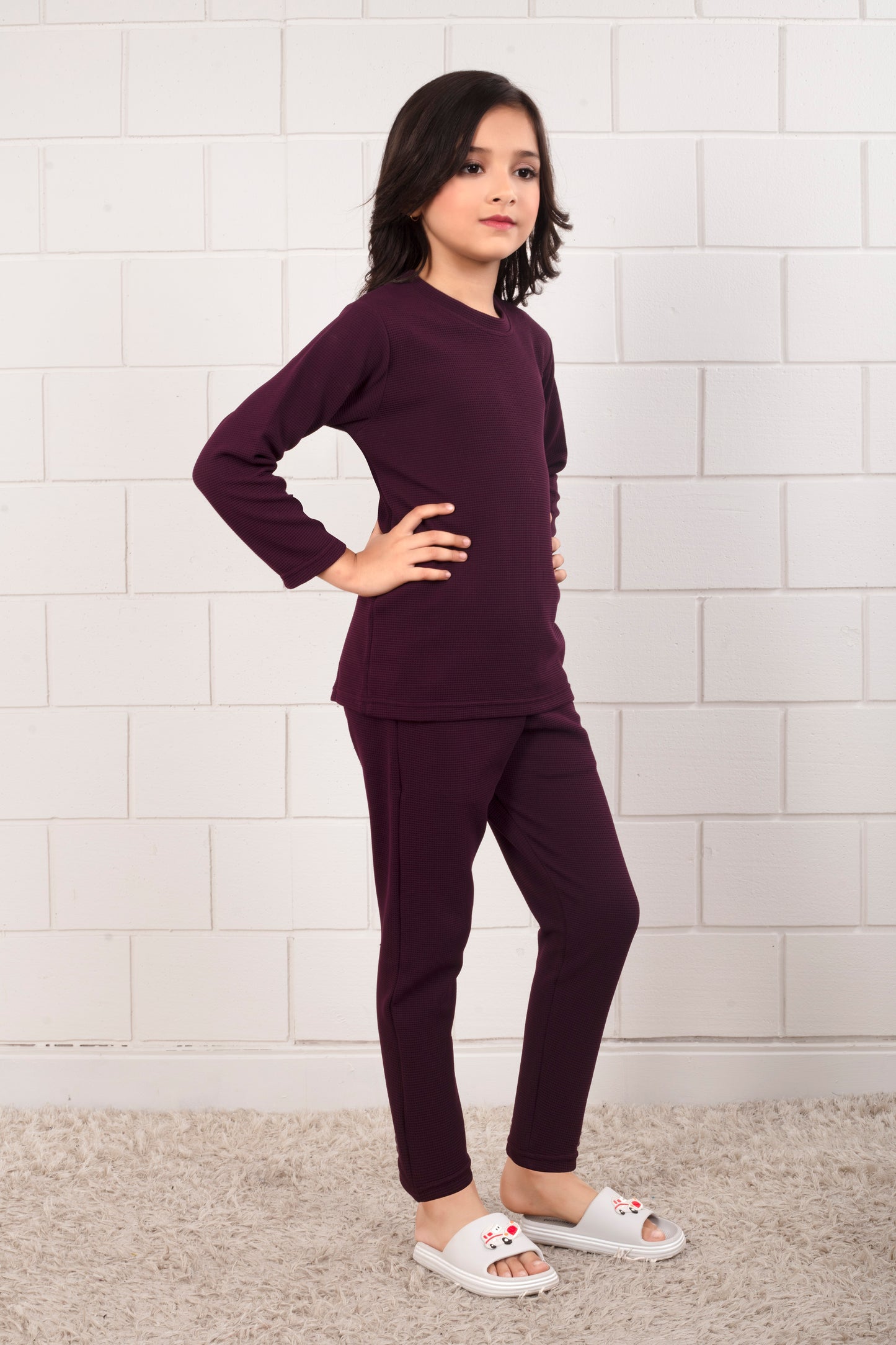 Maroon_color_cotton_waffle_Girl_pajama_sets - SideView