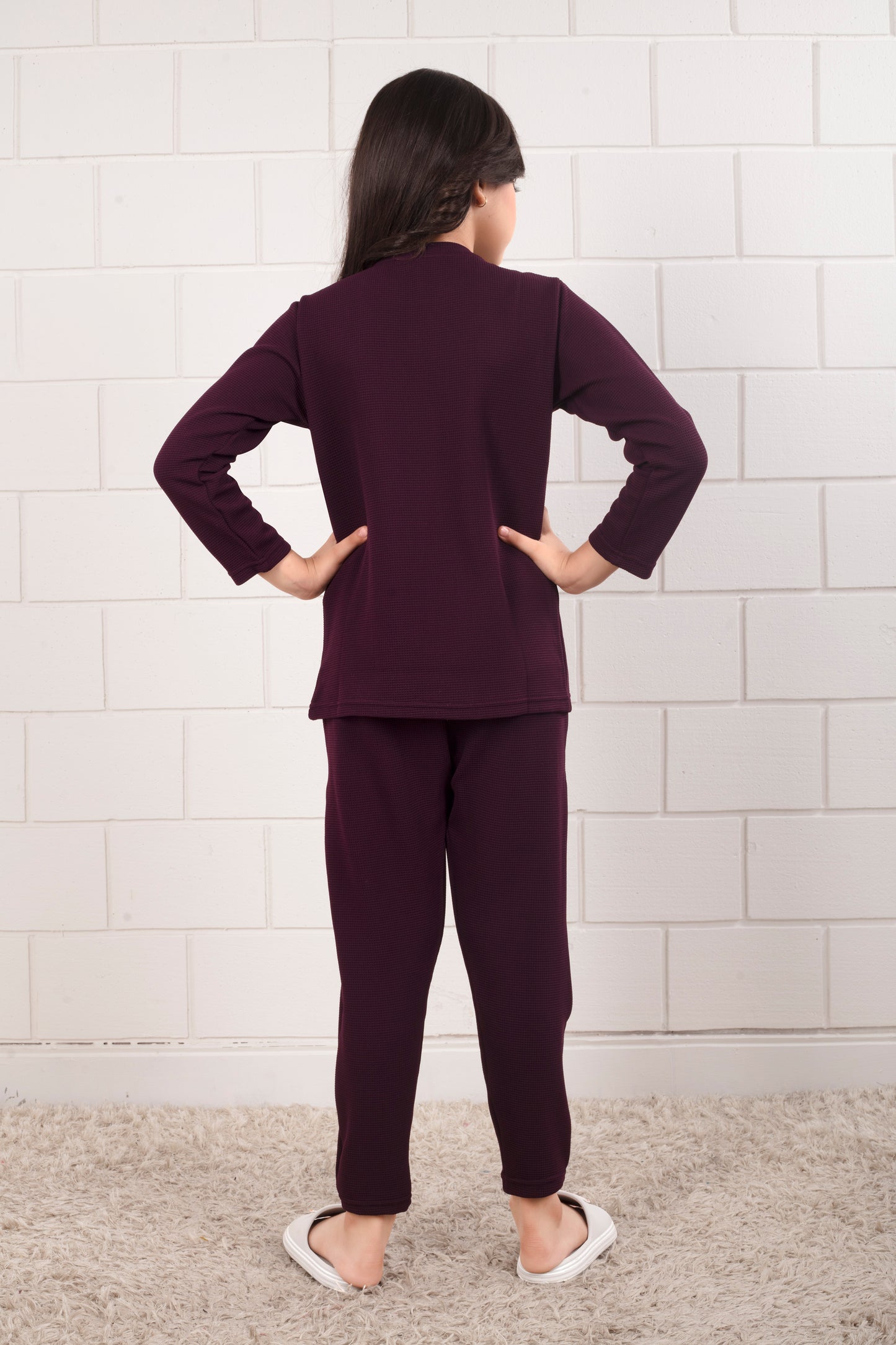 Maroon_color_cotton_waffle_Girl_pajama_sets - BackView