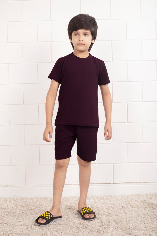 Maroon_color_cotton_waffle_cute_shorts_set - Stylish
