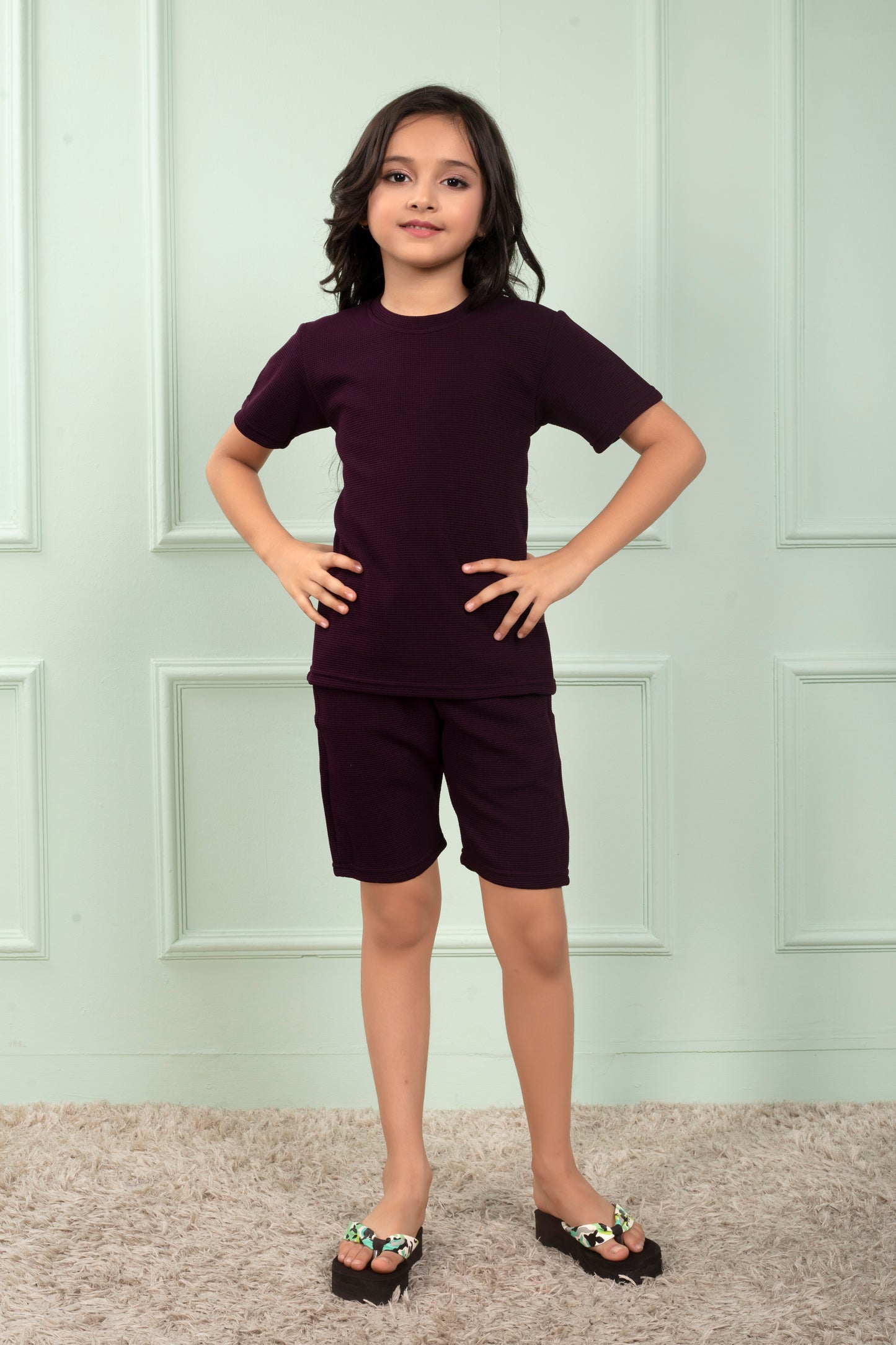 Maroon_cotton_waffle_Girls_top_and_shorts_set_nightwear