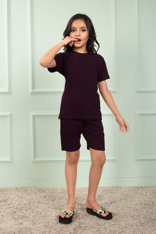 Maroon_cotton_waffle_Girls_top_and_shorts_set_nightwear - FrontView