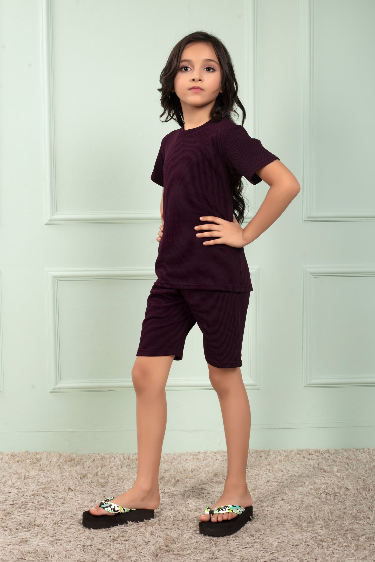 Maroon_cotton_waffle_Girls_top_and_shorts_set_nightwear - SideView
